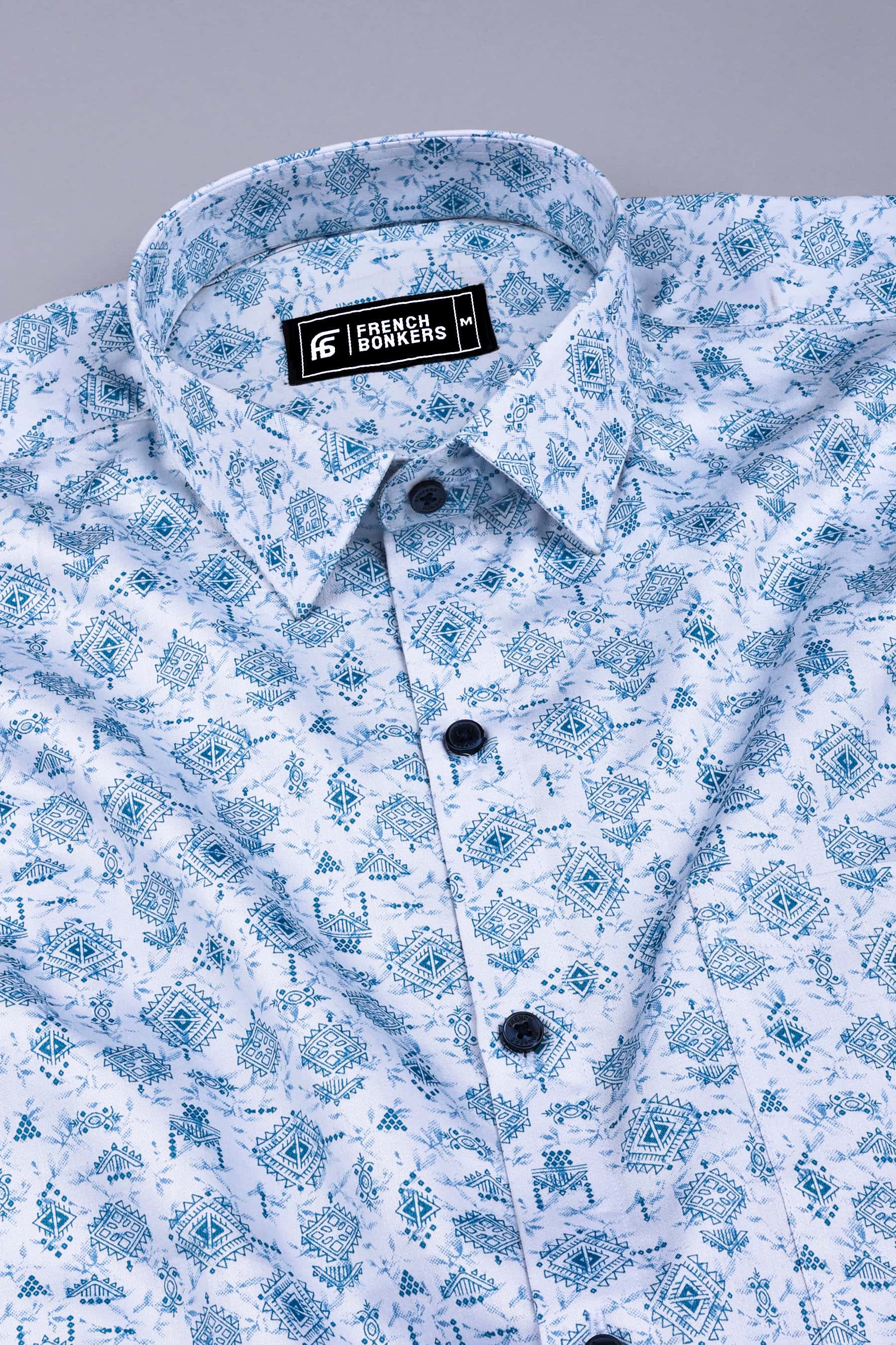 White with blue vintage design printed cotton shirt