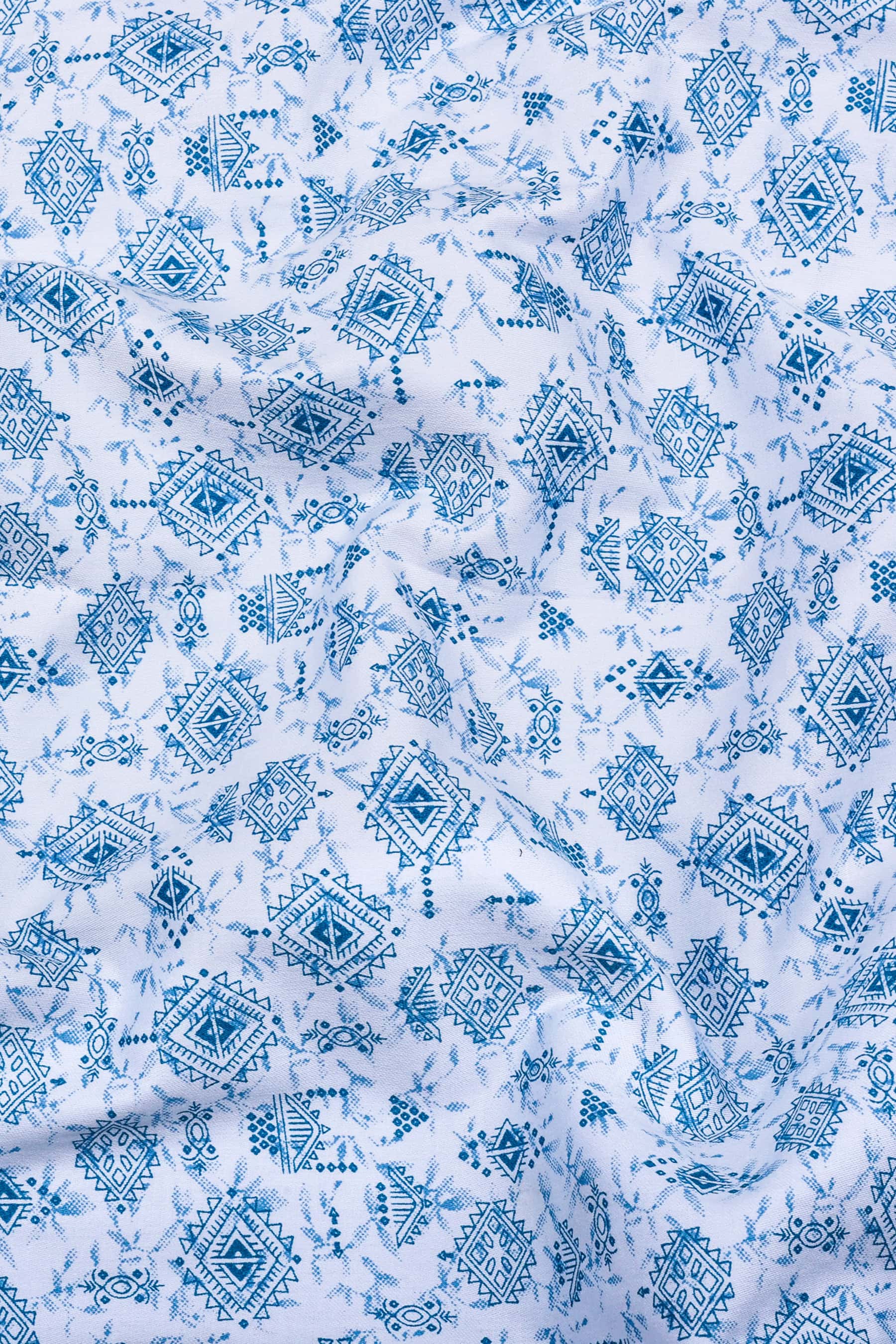 White with blue vintage design printed cotton shirt
