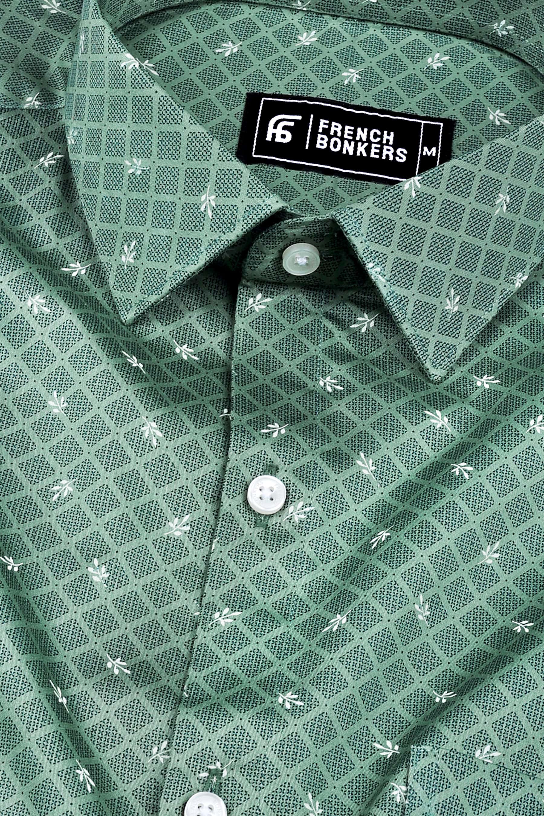Oxfam green with dark blue printed cotton shirt
