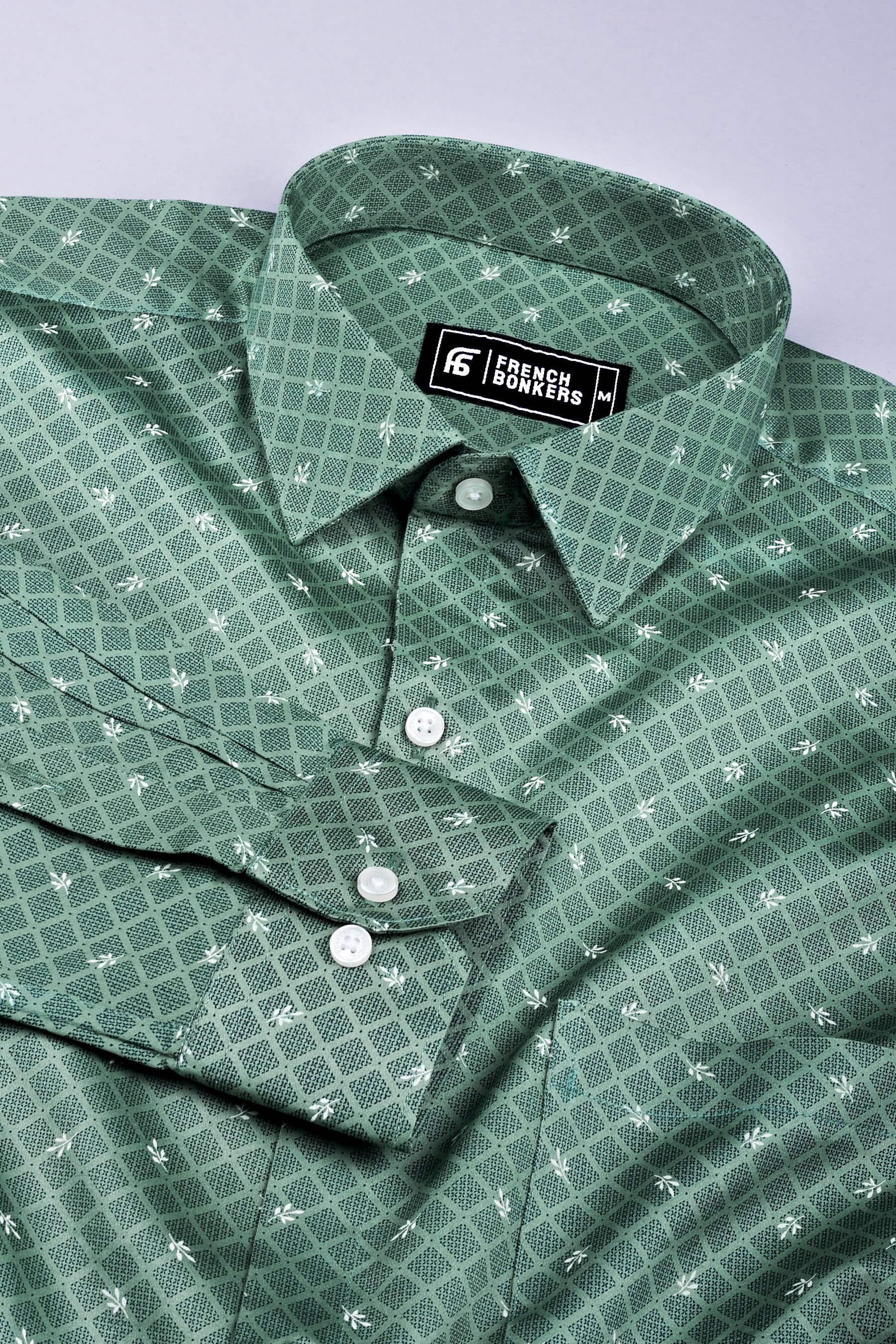 Oxfam green with dark blue printed cotton shirt