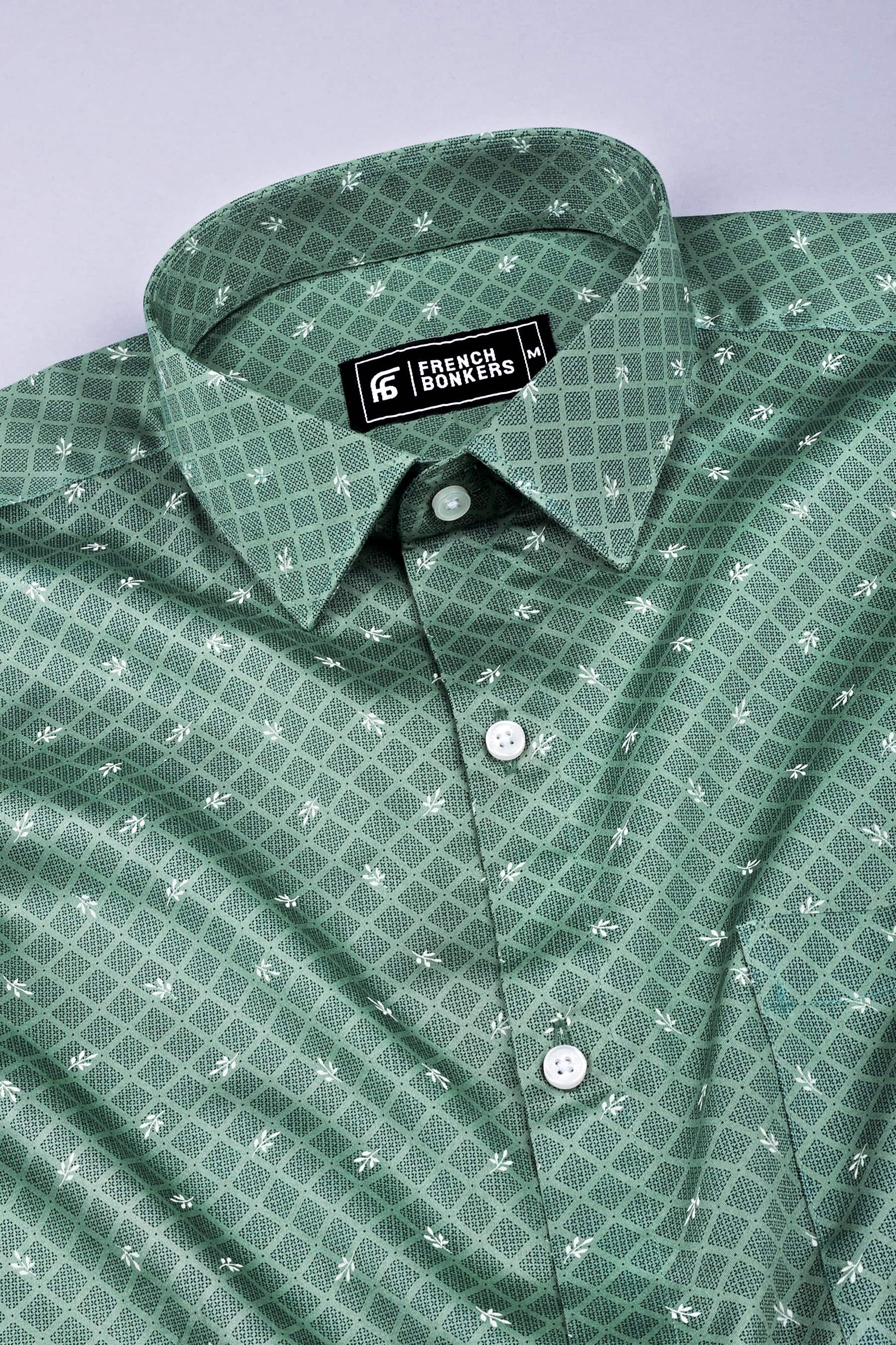 Oxfam green with dark blue printed cotton shirt