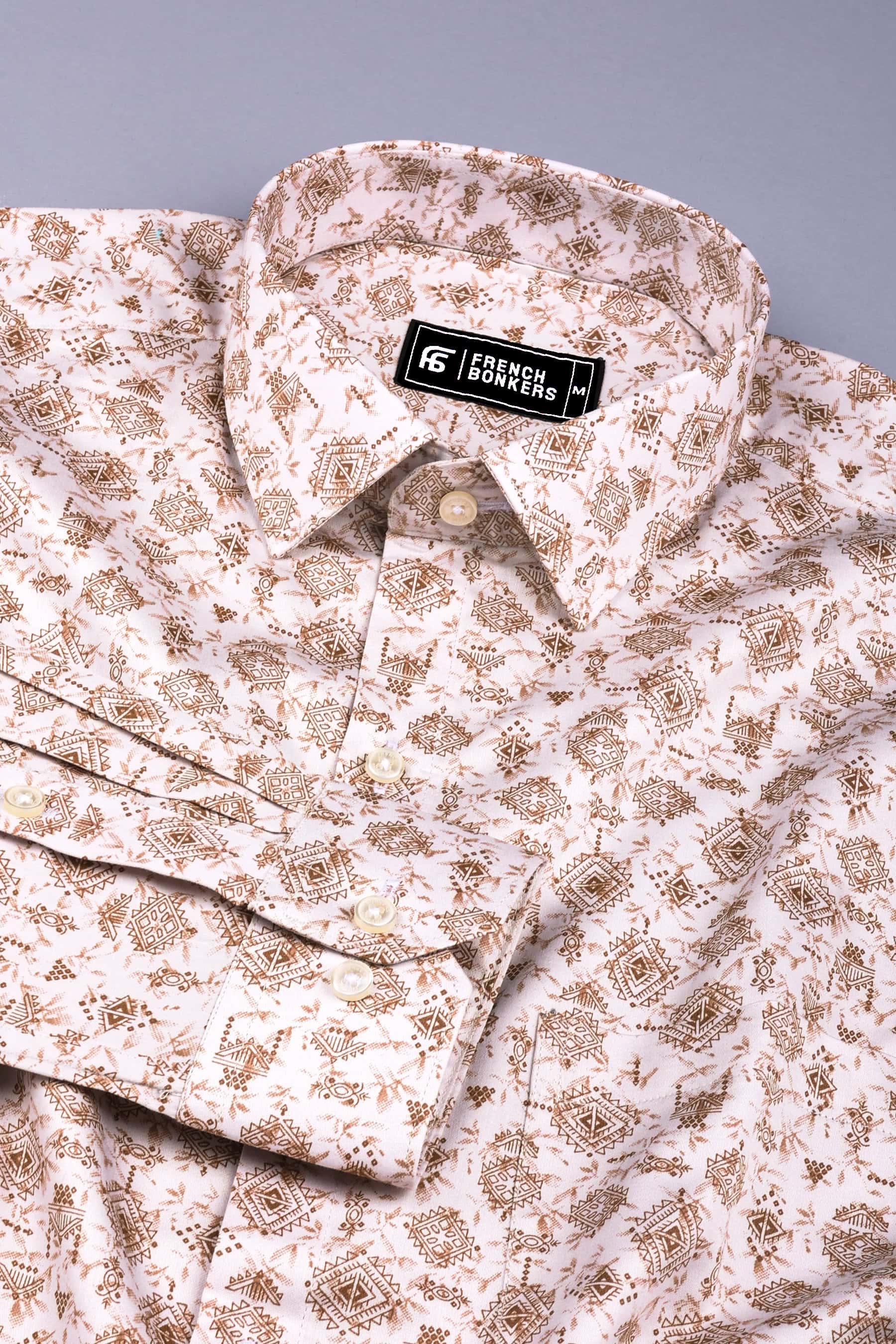 Warm white with brown vintage design printed cotton shirt
