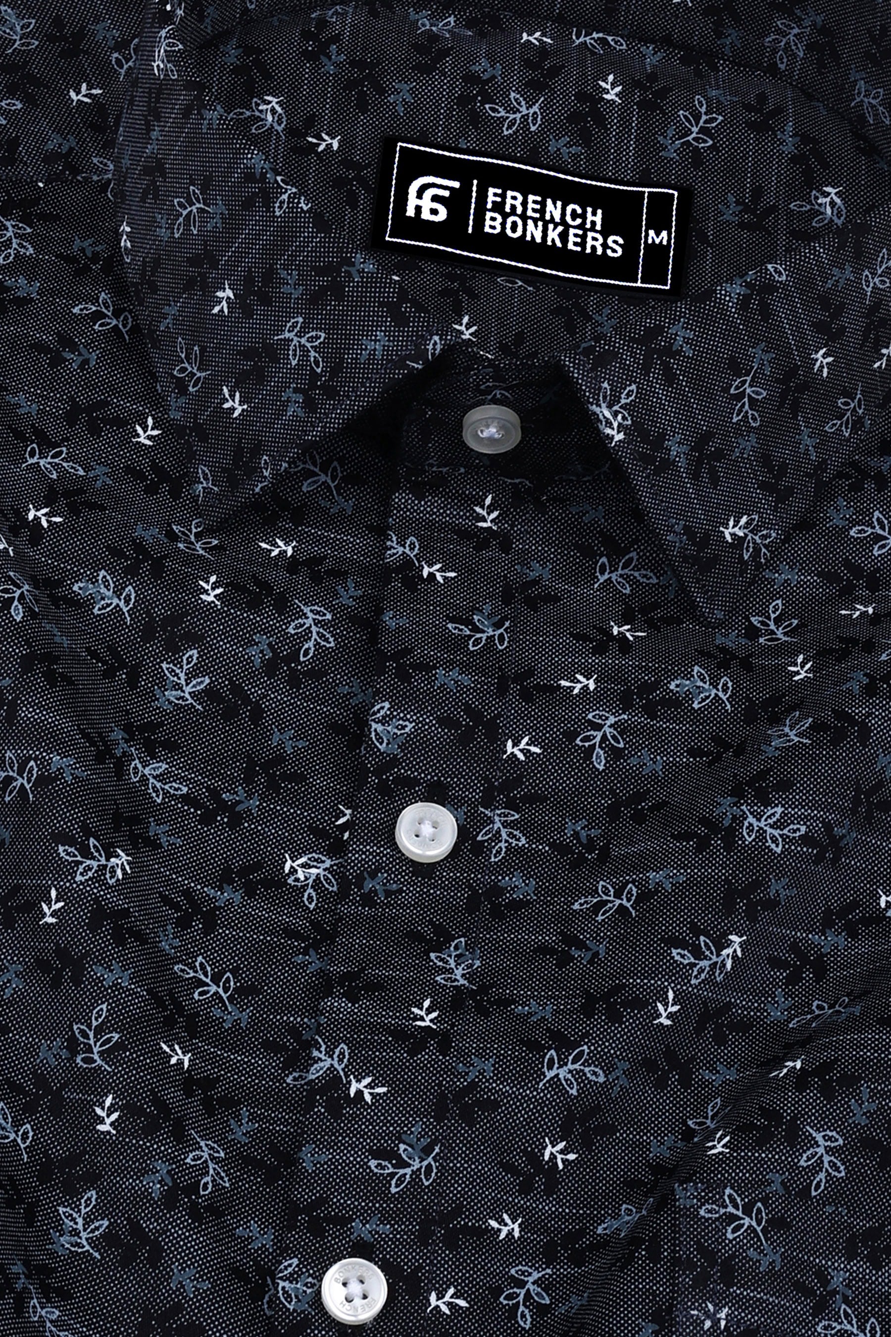 Black with grey leaf printed oxford cotton shirt