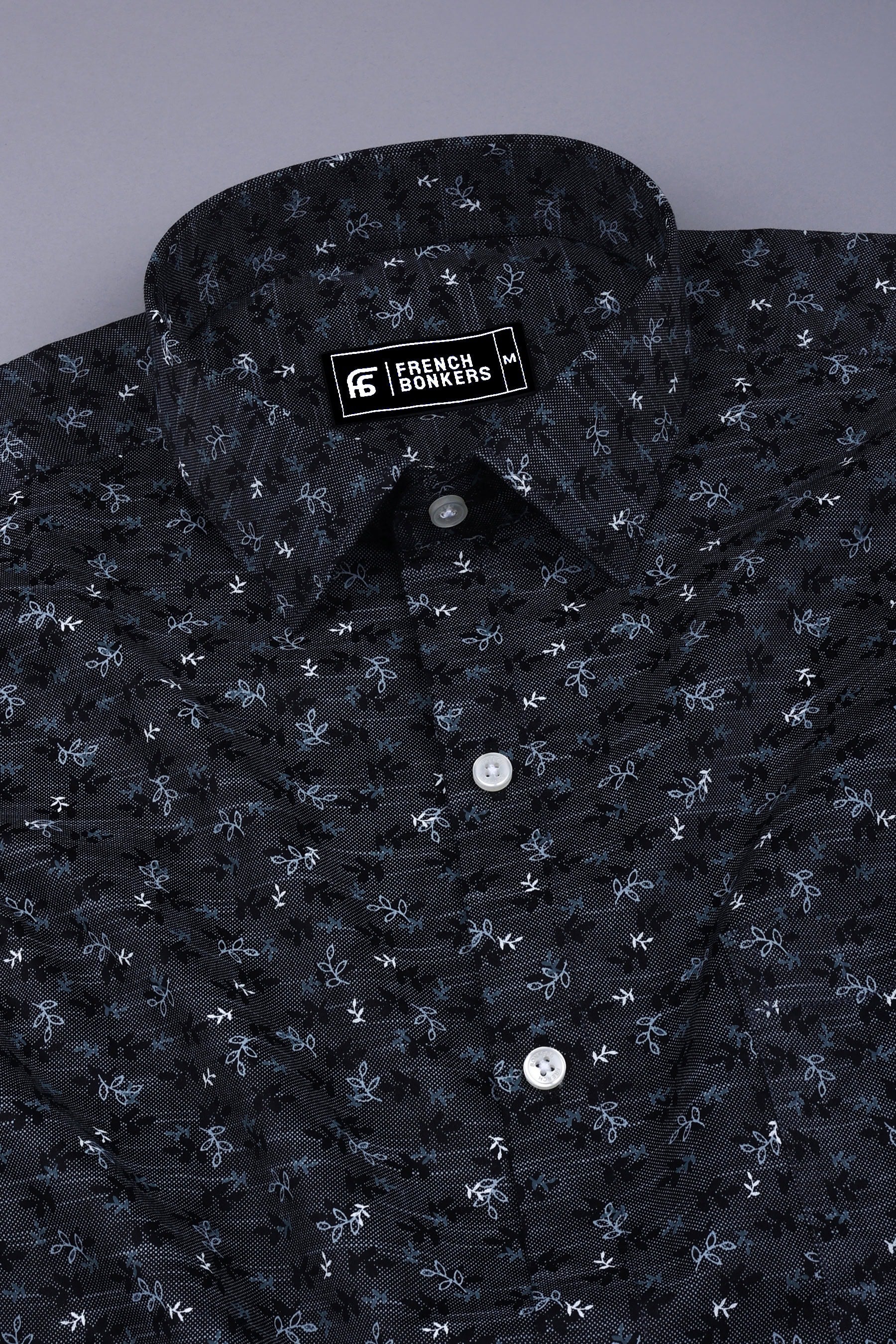 Black with grey leaf printed oxford cotton shirt
