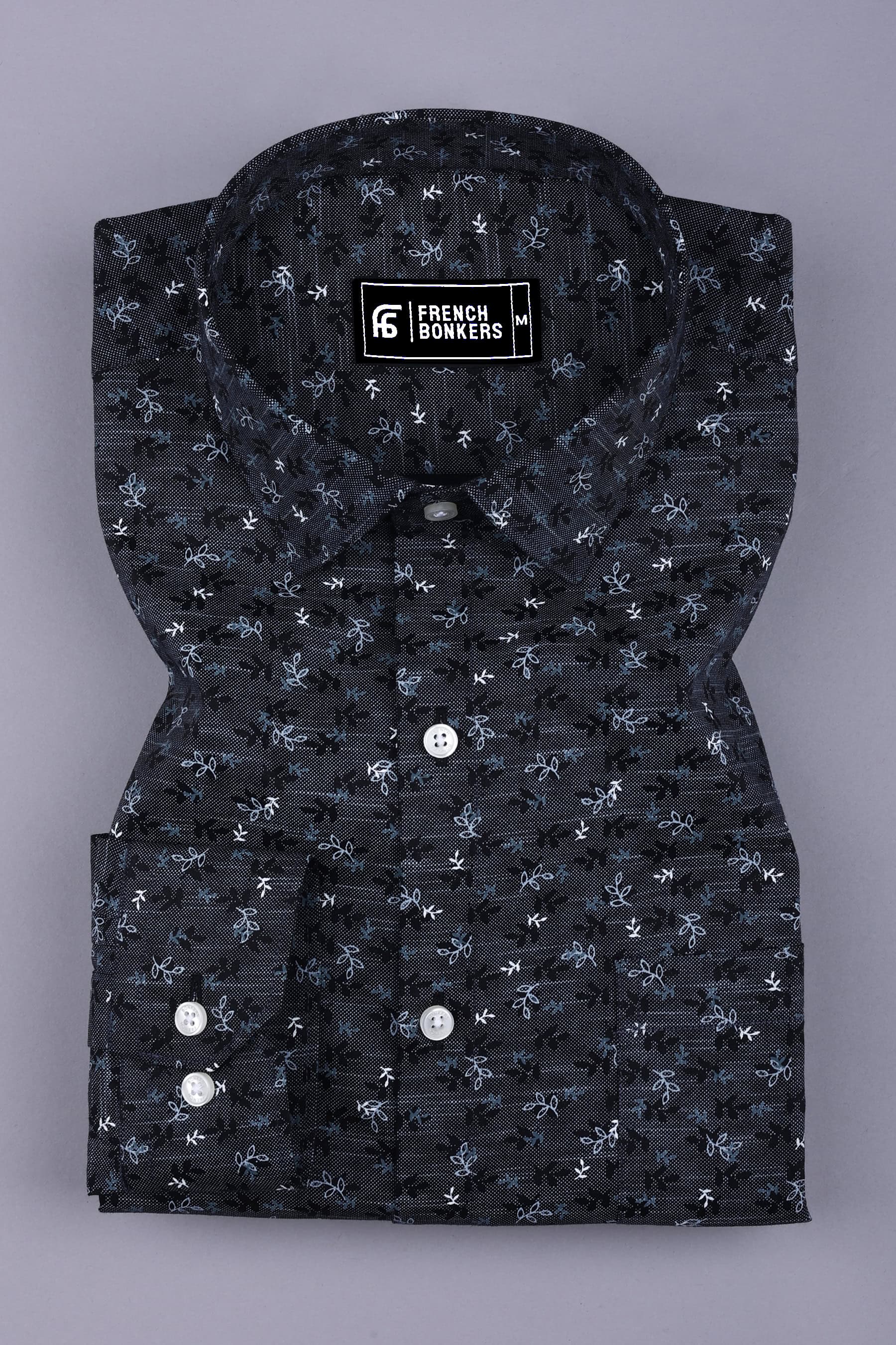 Black with grey leaf printed oxford cotton shirt