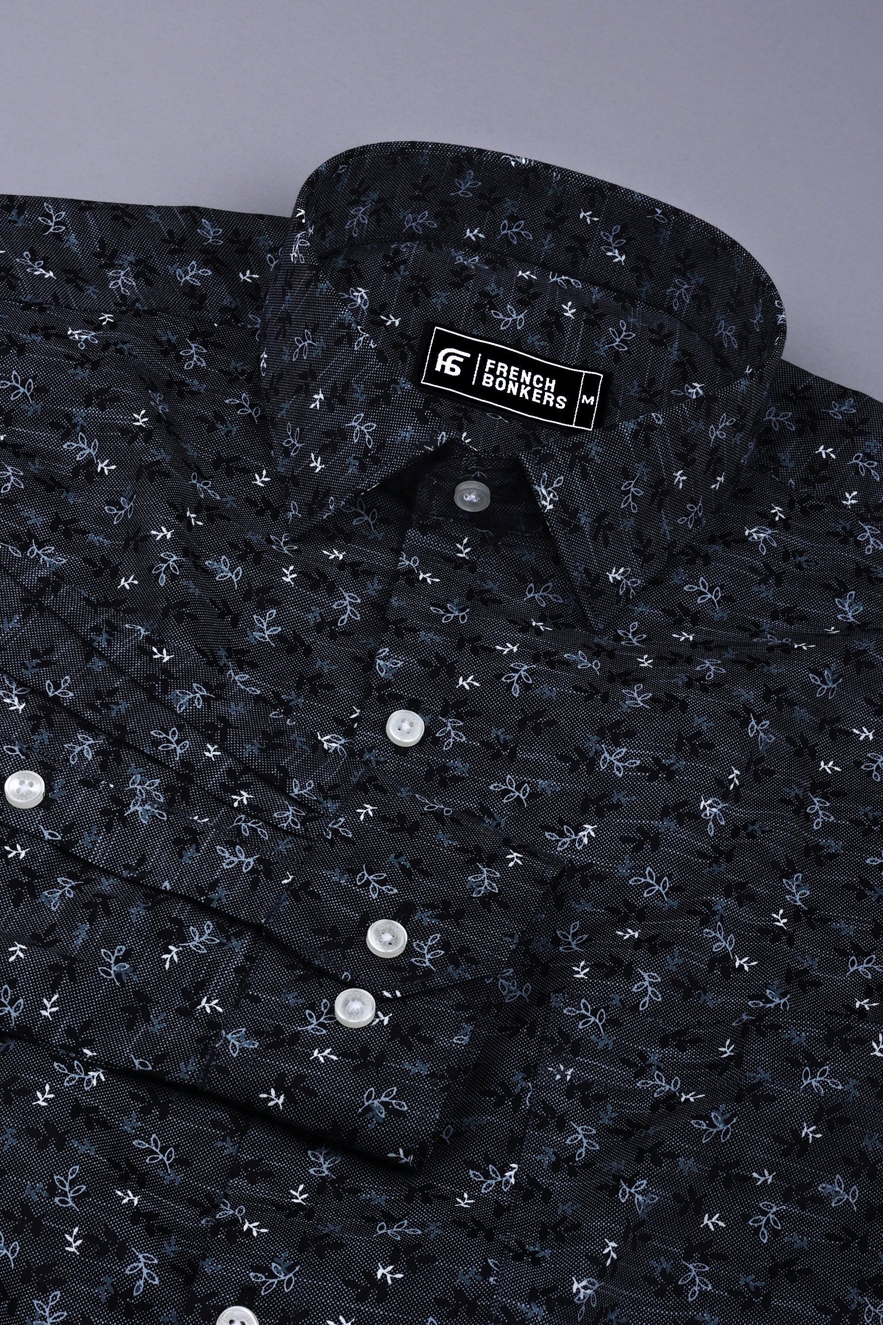 Black with grey leaf printed oxford cotton shirt