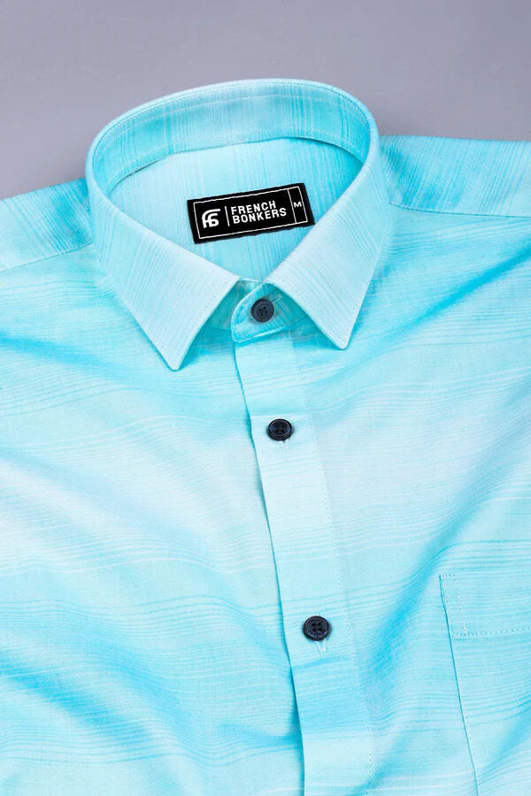 Light turquoise blue with white ruff line cotton shirt