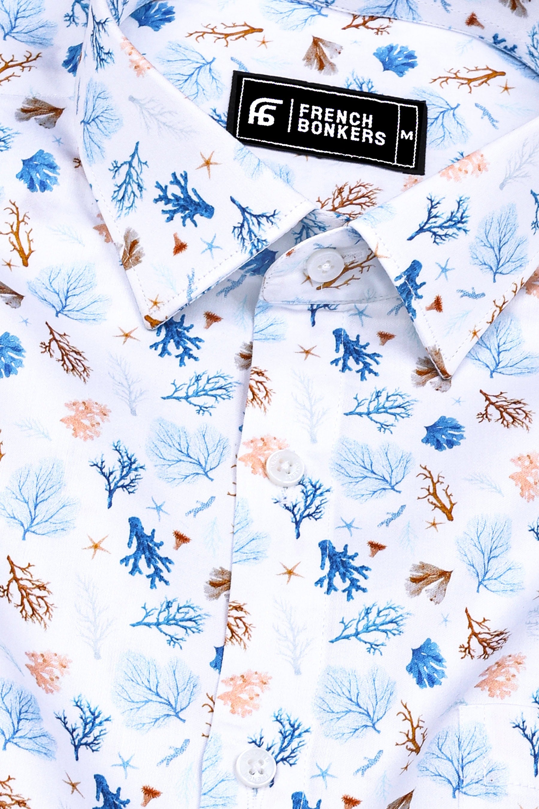 White With Blue Leaf Printed Cotton Shirt