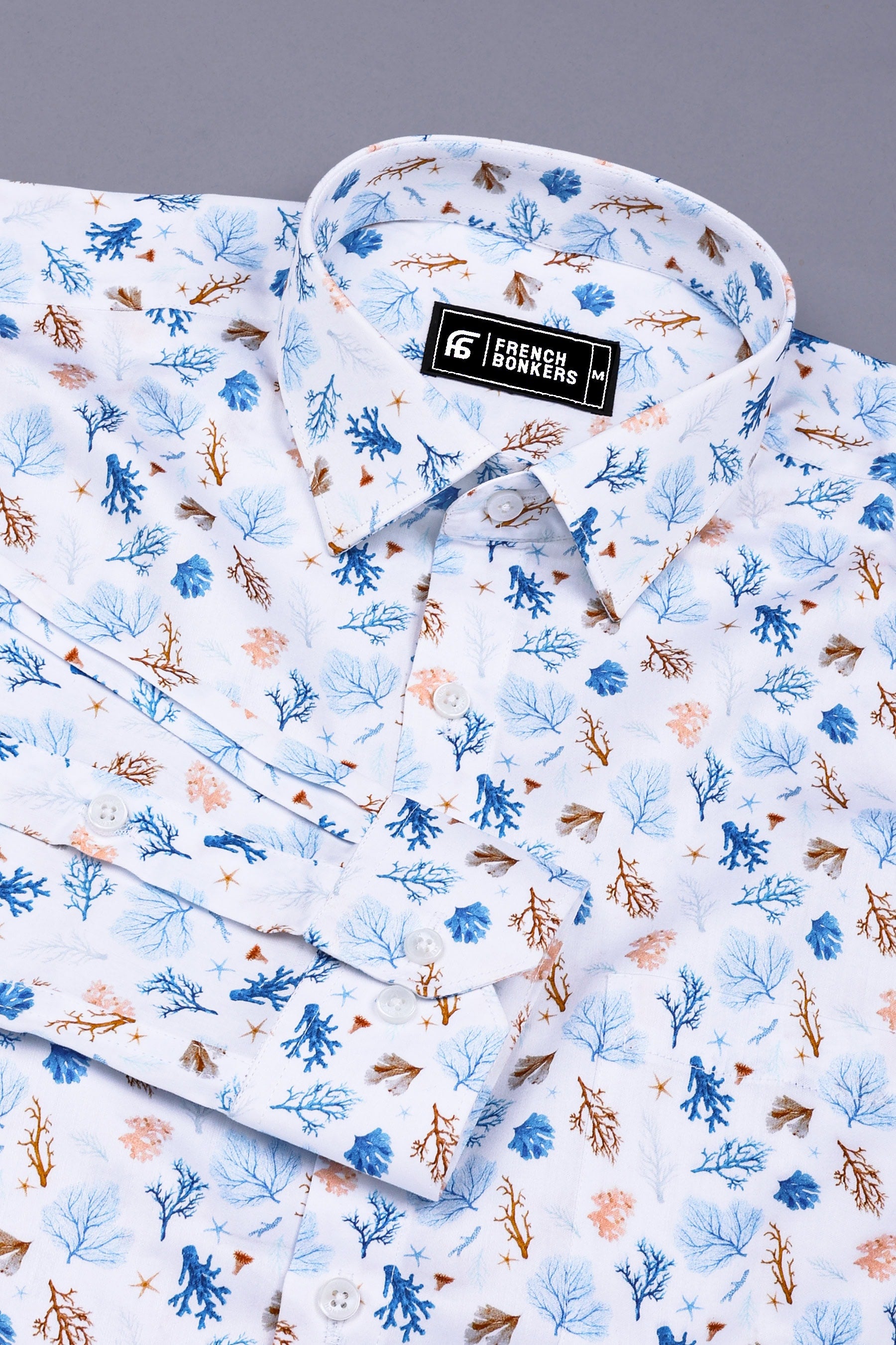 White With Blue Leaf Printed Cotton Shirt