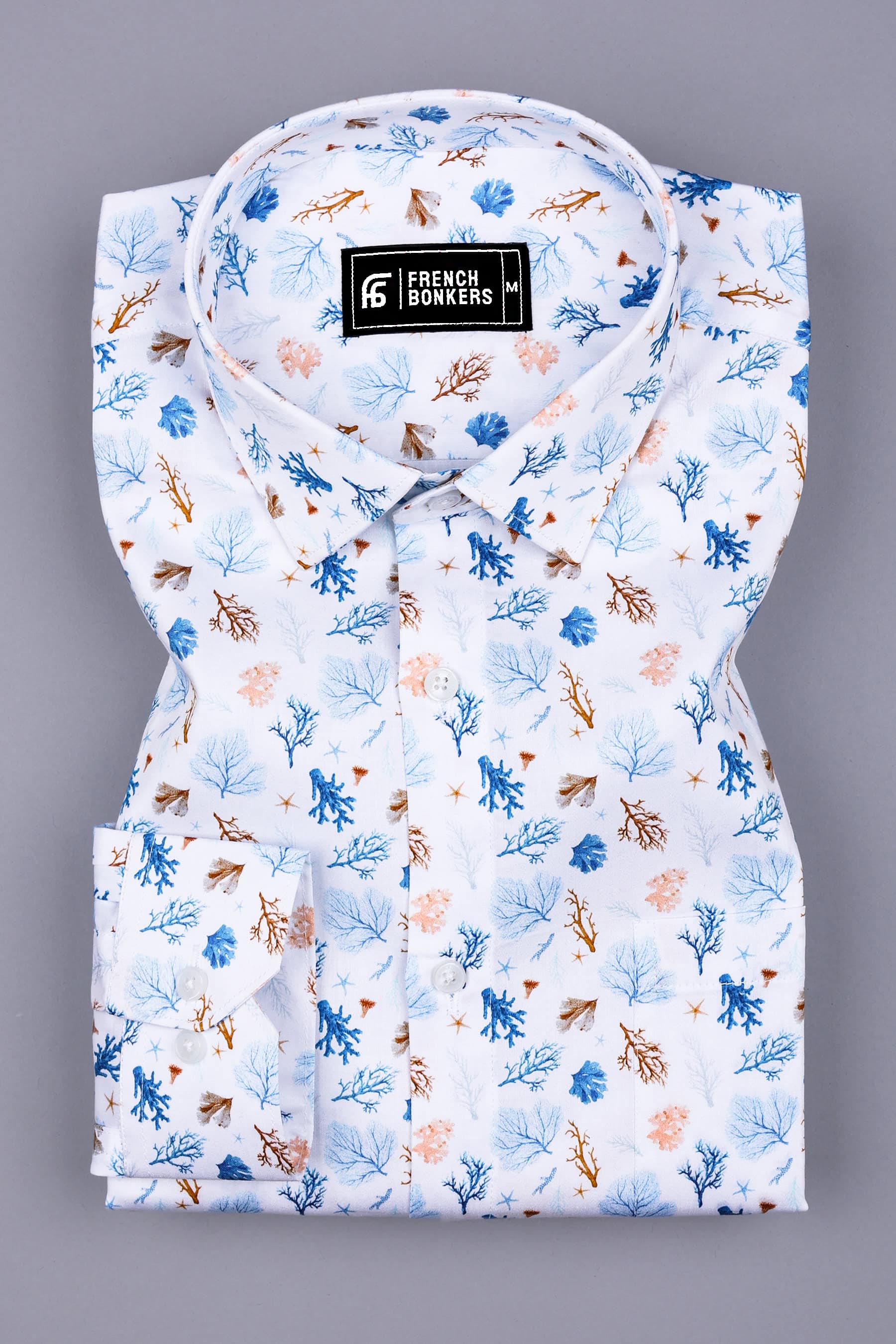 White With Blue Leaf Printed Cotton Shirt