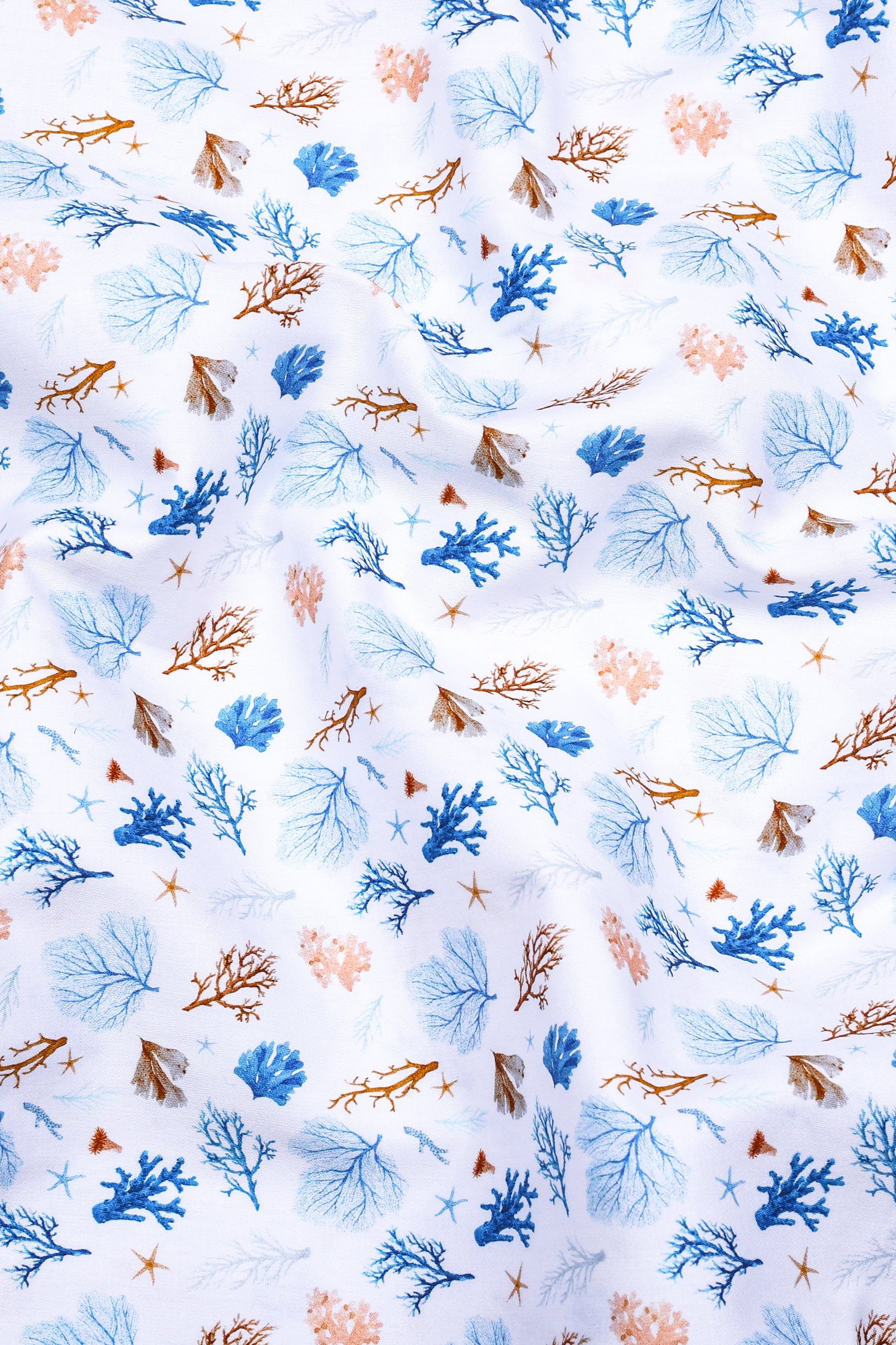 White With Blue Leaf Printed Cotton Shirt