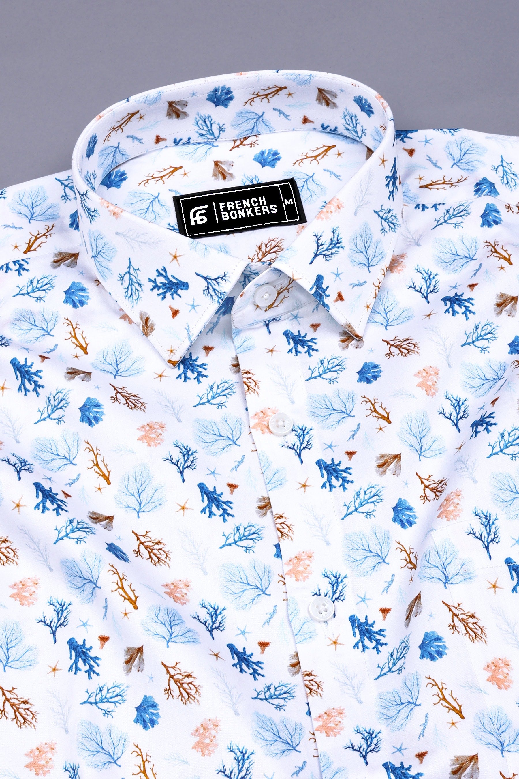 White With Blue Leaf Printed Cotton Shirt