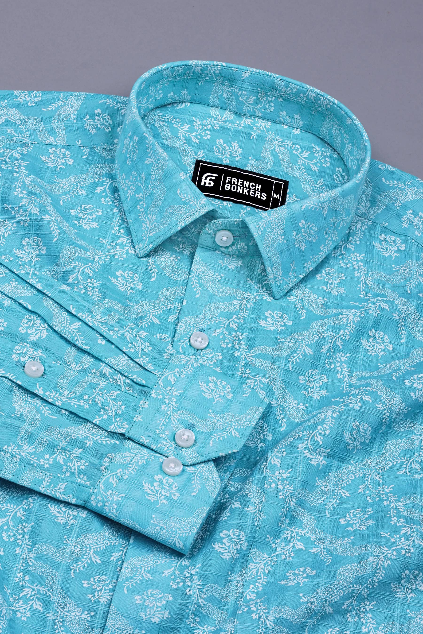Sky Blue With White Floral printed Cotton Shirt