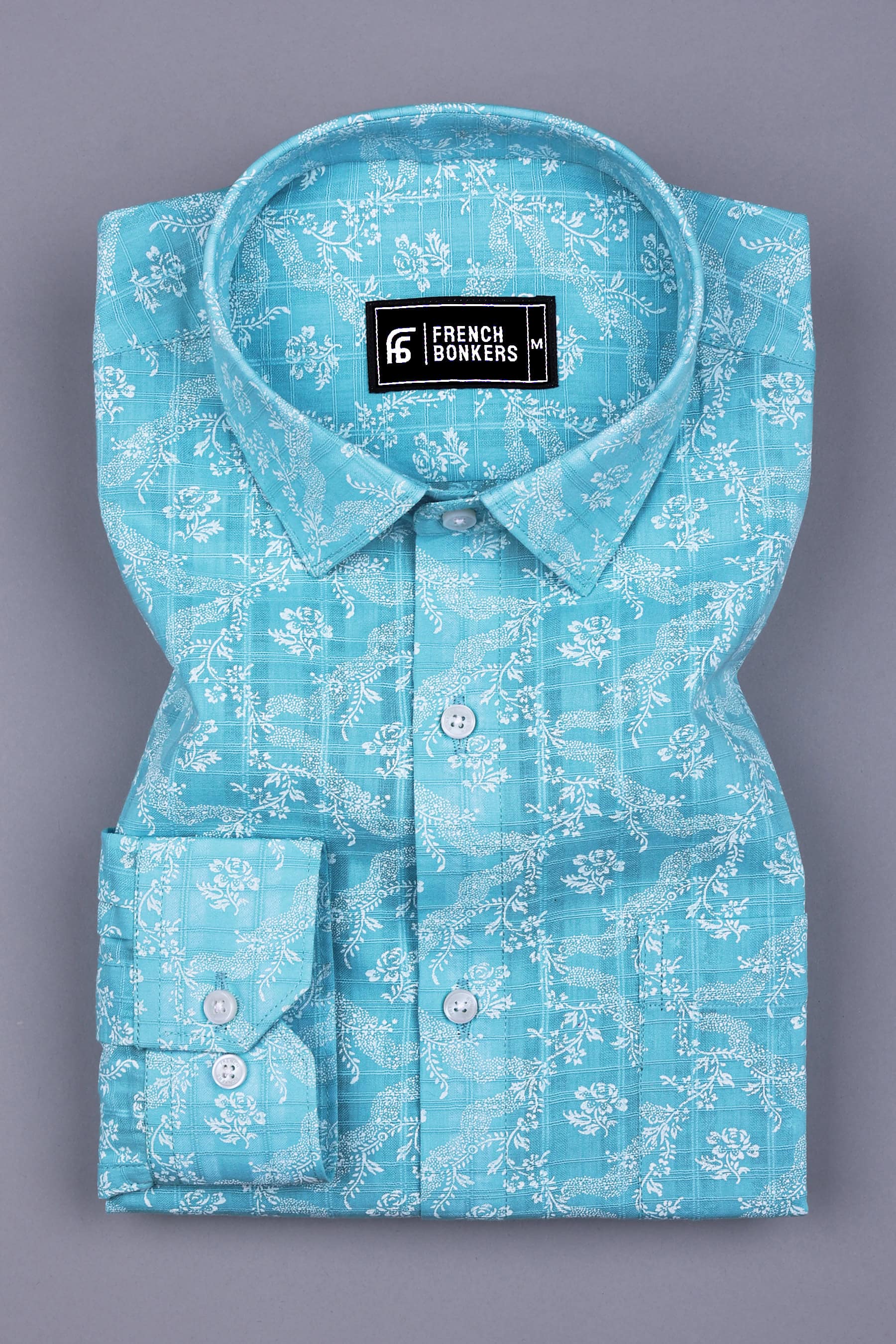 Sky Blue With White Floral printed Cotton Shirt