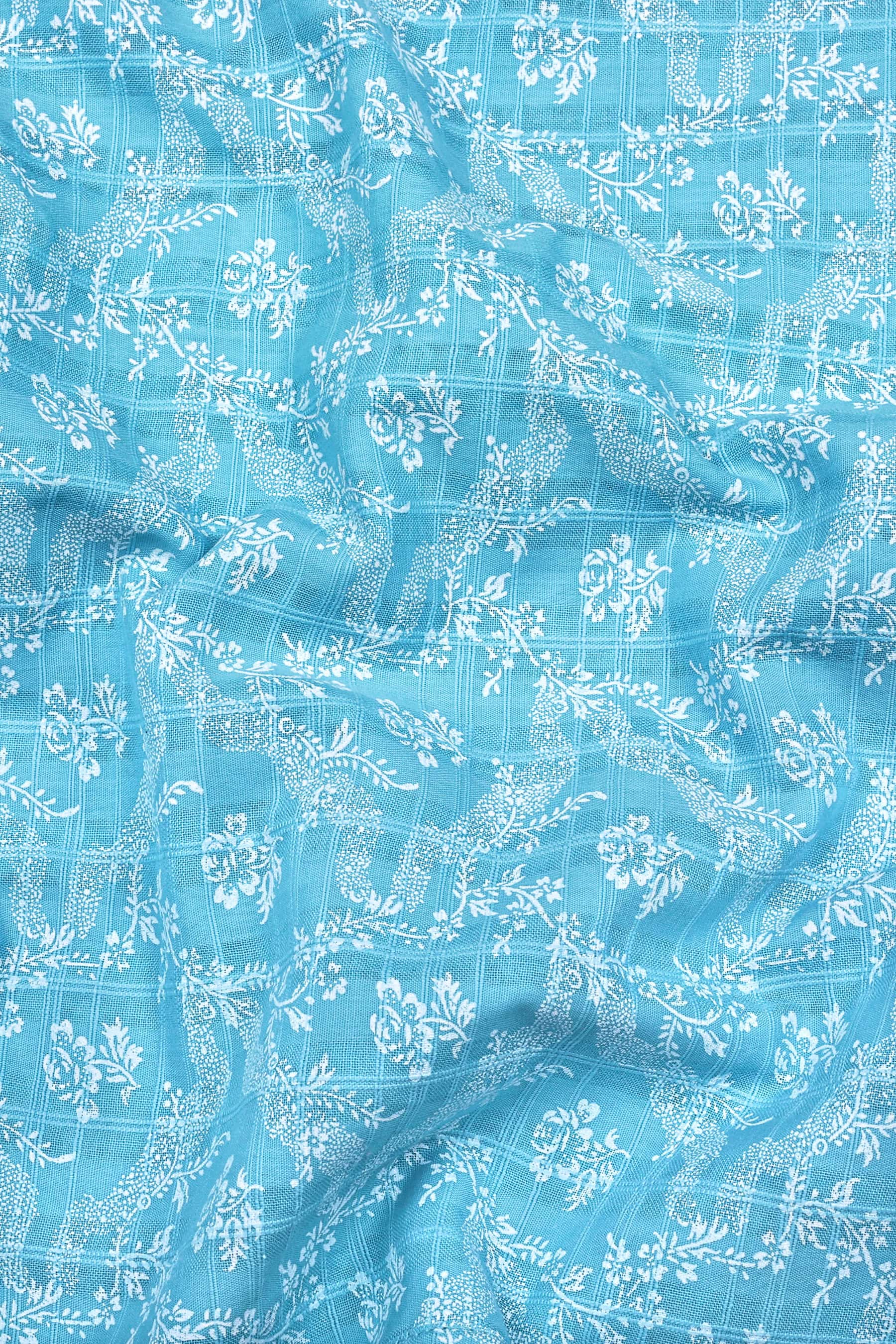 Sky Blue With White Floral printed Cotton Shirt