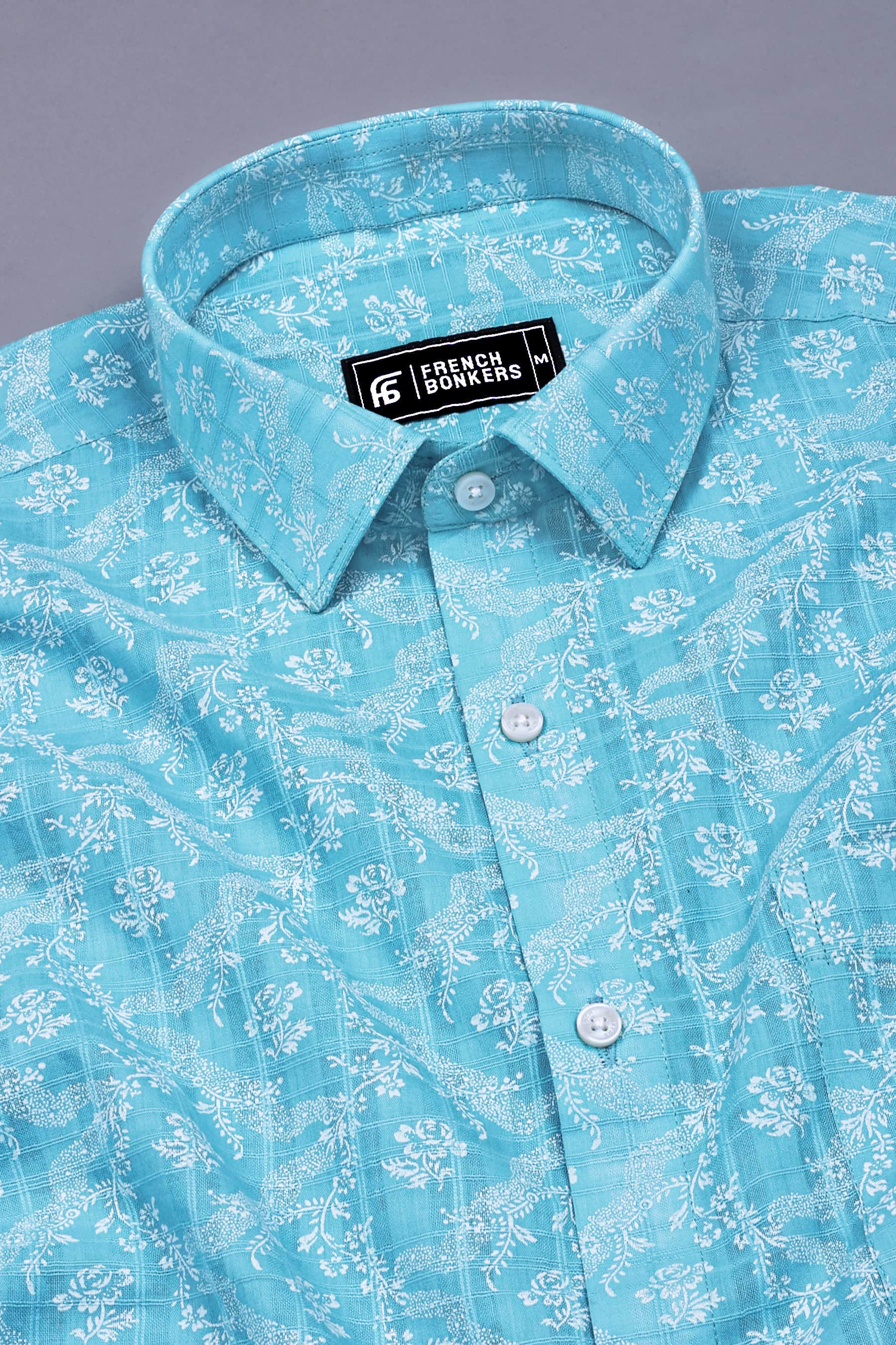 Sky Blue With White Floral printed Cotton Shirt