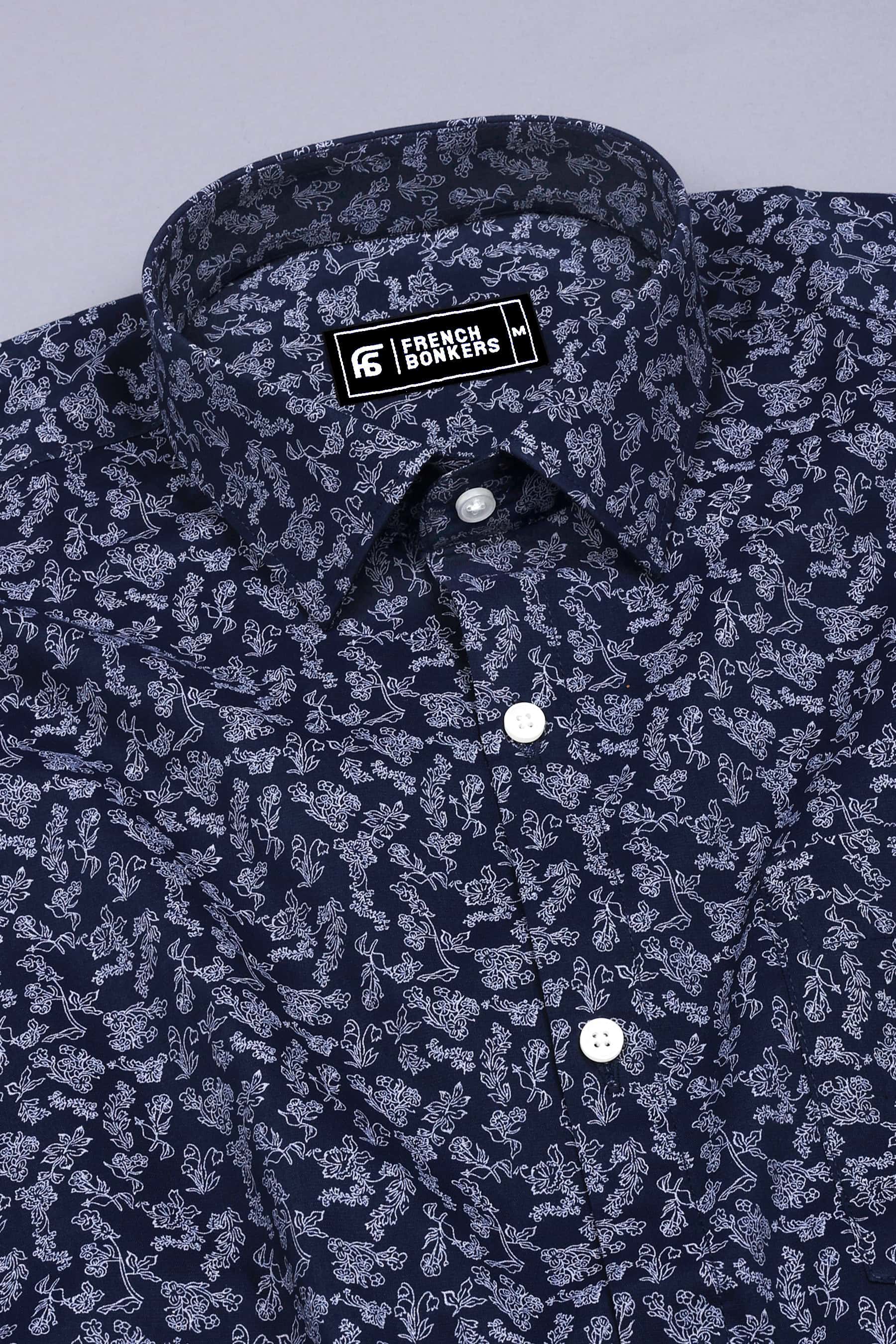 Blue With White Floral Printed Cotton Shirt