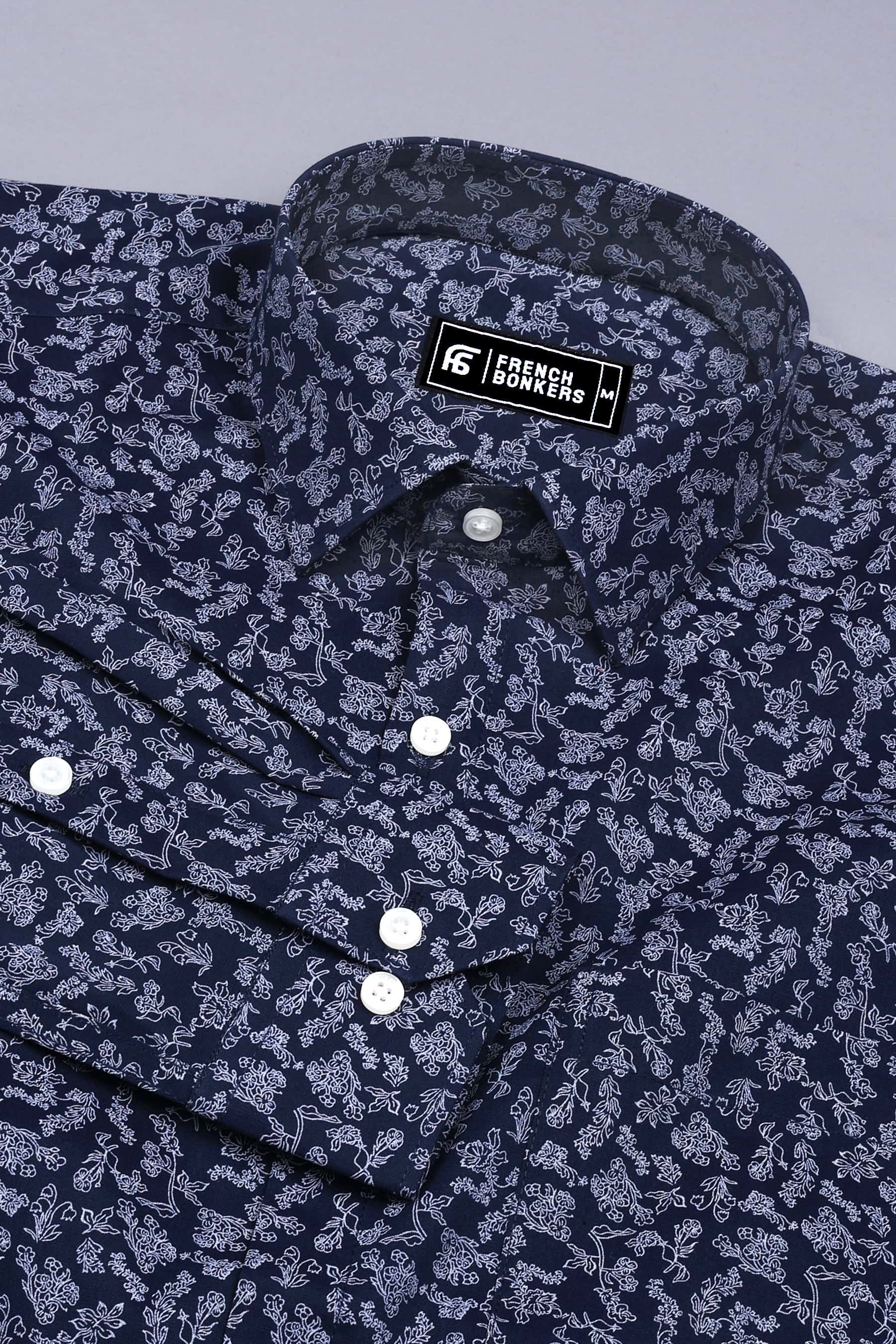 Blue With White Floral Printed Cotton Shirt