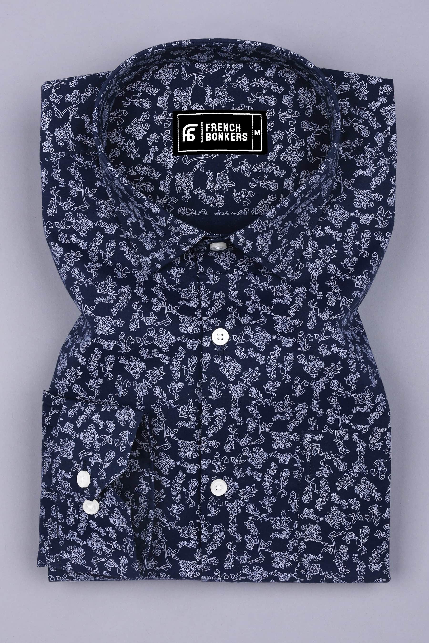 Blue With White Floral Printed Cotton Shirt