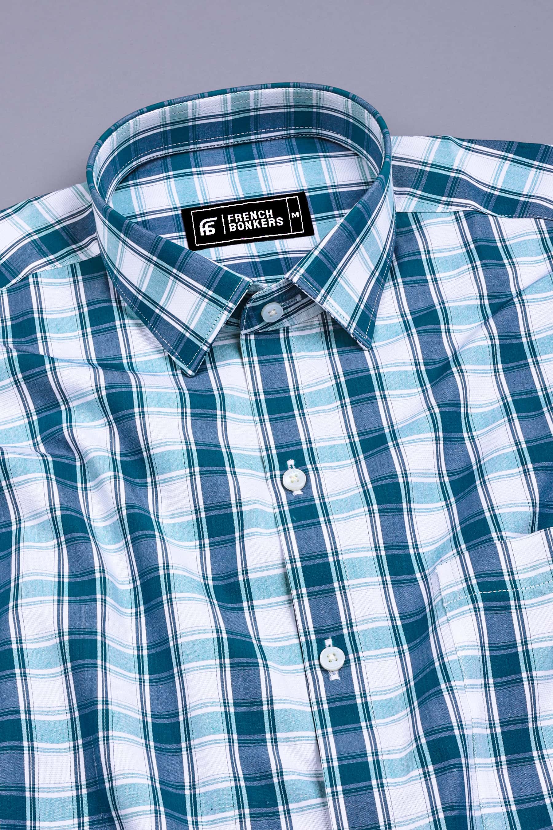 Teal Blue with White Check Cotton Shirt