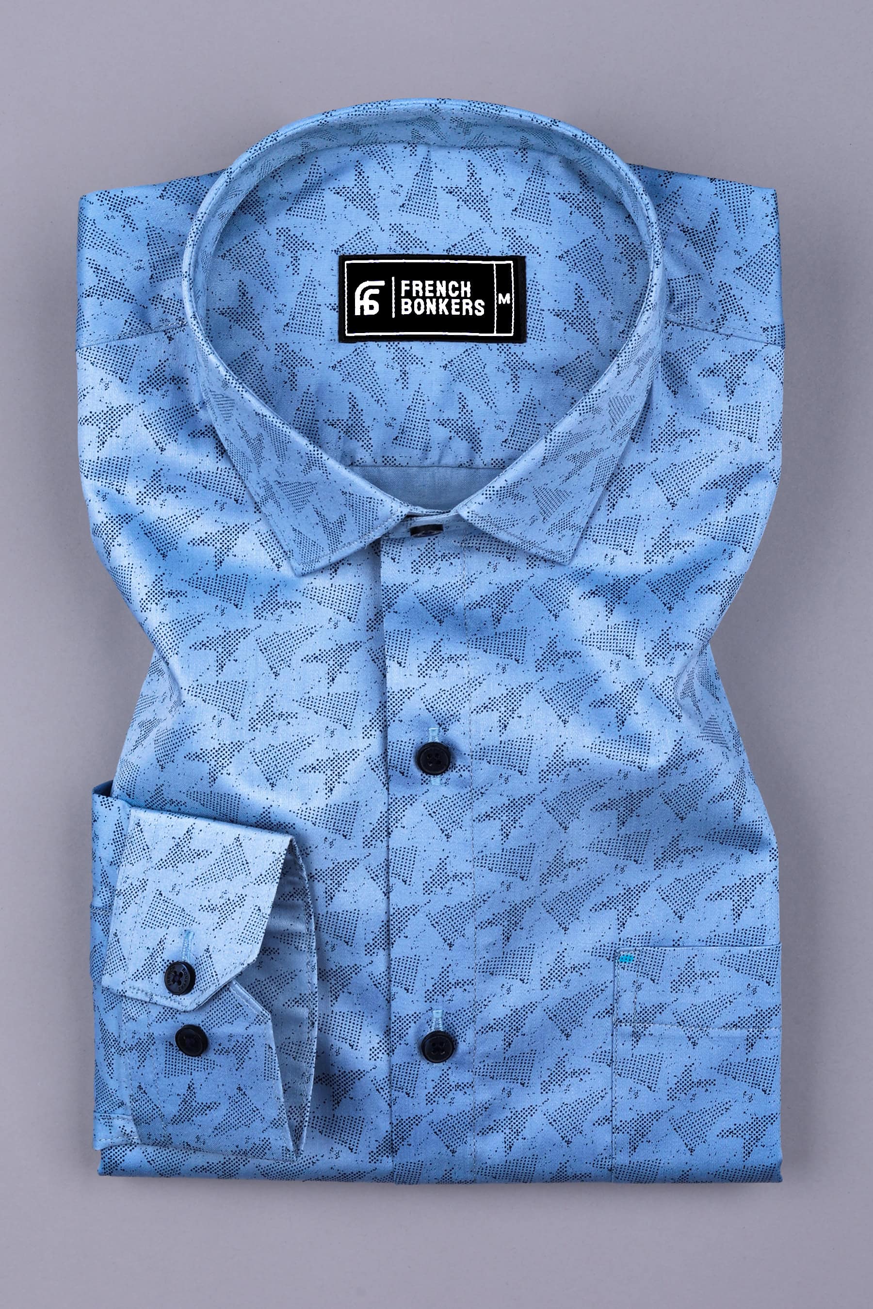 Sky Blue with Navy Blue Sprinkal Printed Cotton Shirt