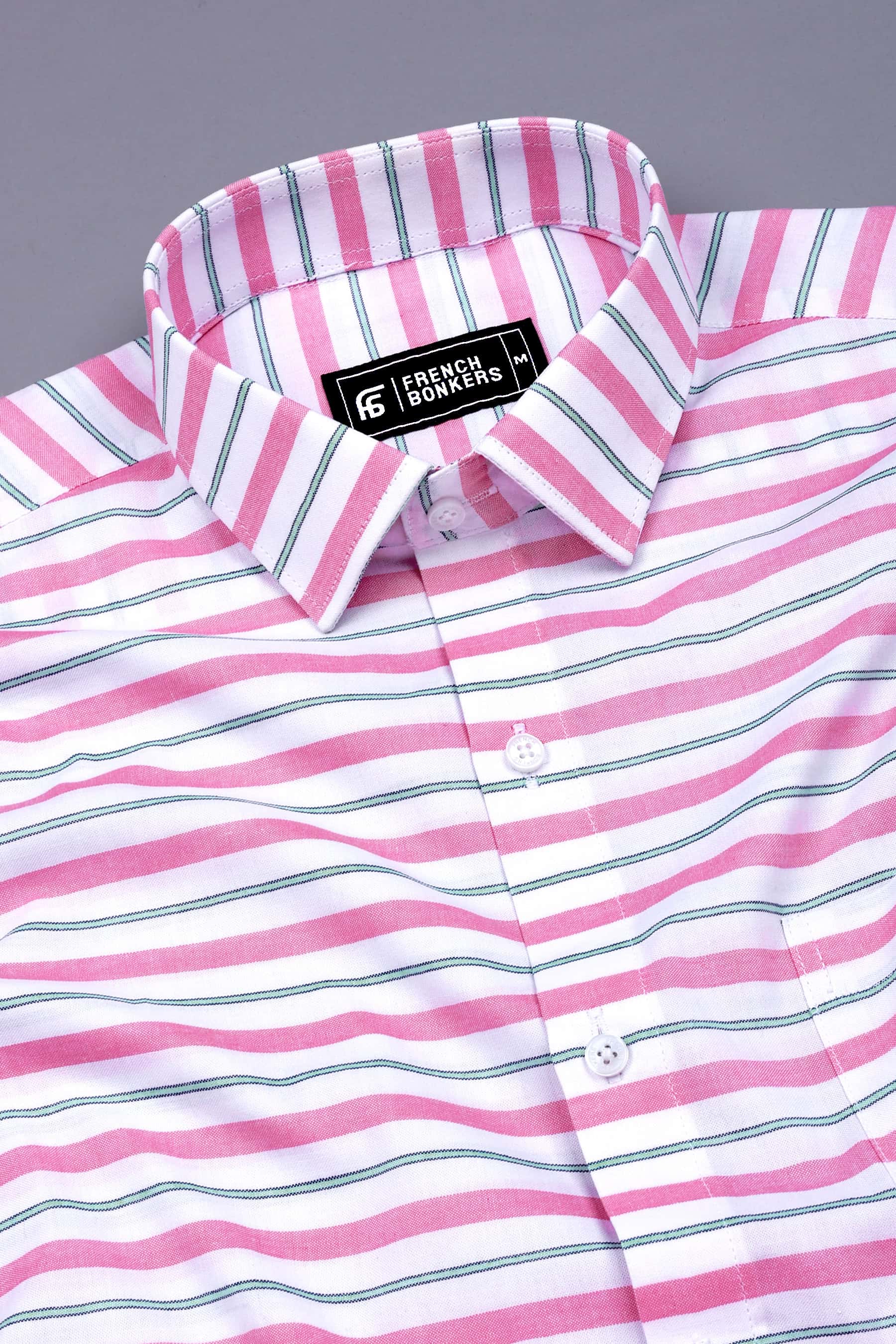 White With Pink And Green Weft Stripe Shirt