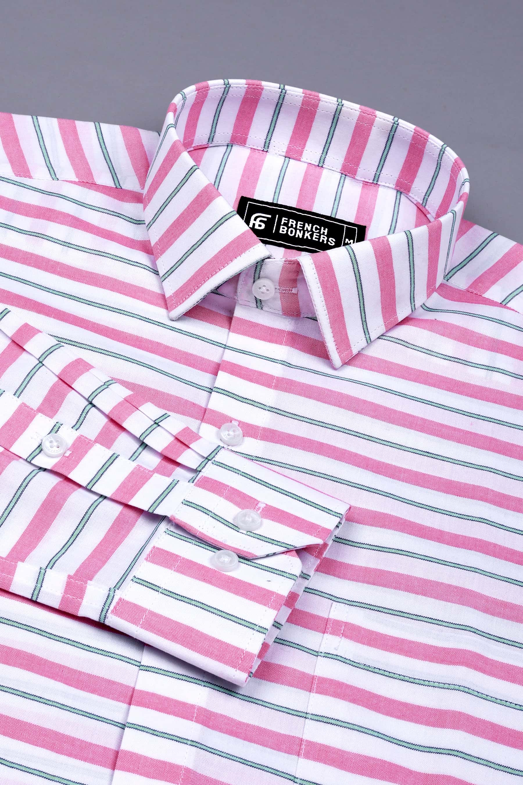 White With Pink And Green Weft Stripe Shirt