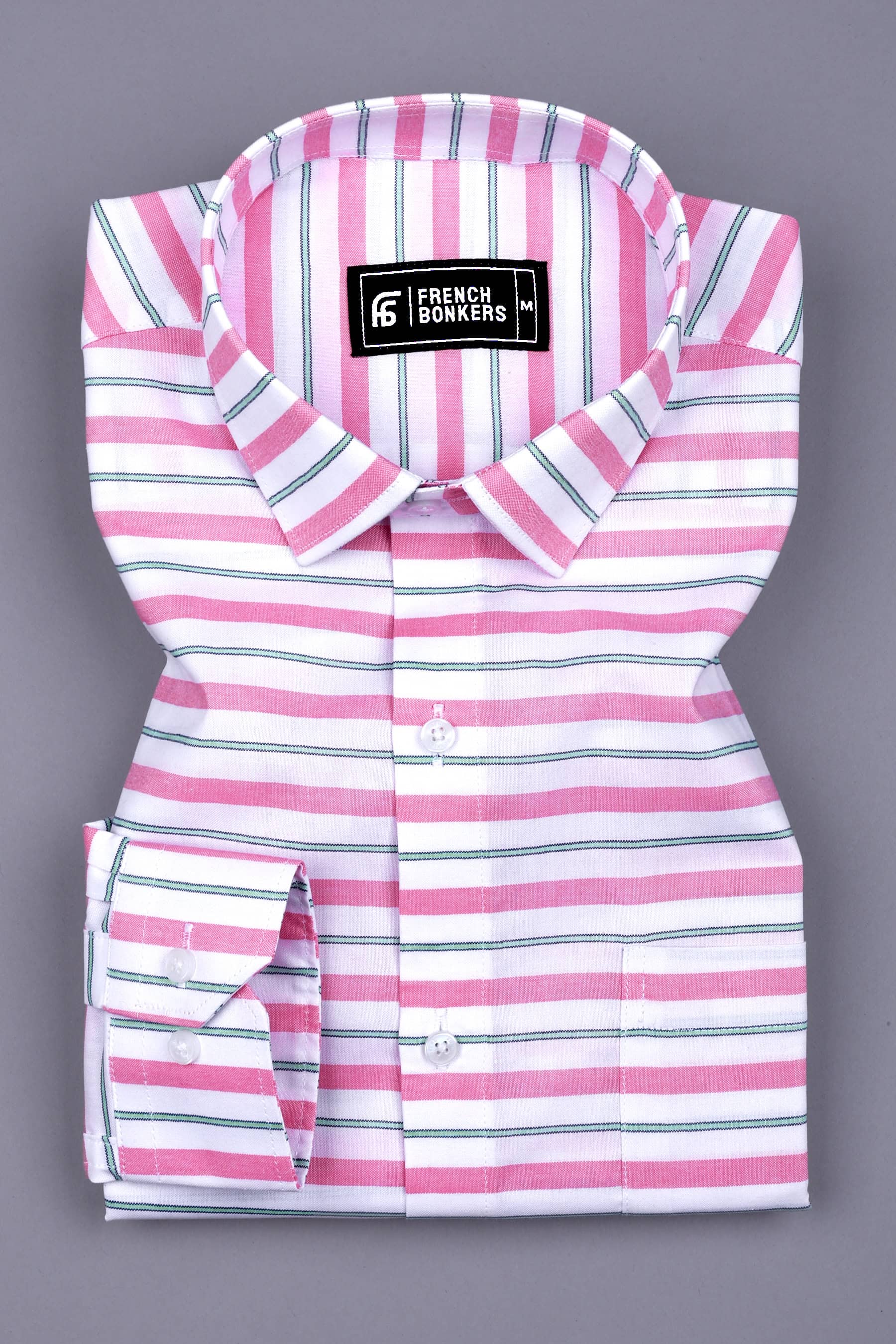 White With Pink And Green Weft Stripe Shirt
