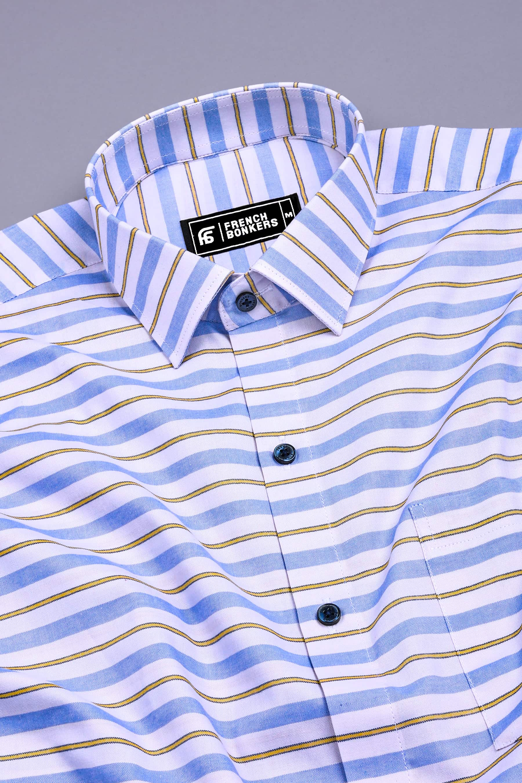 White With Blue And Yellow Weft Stripe Shirt