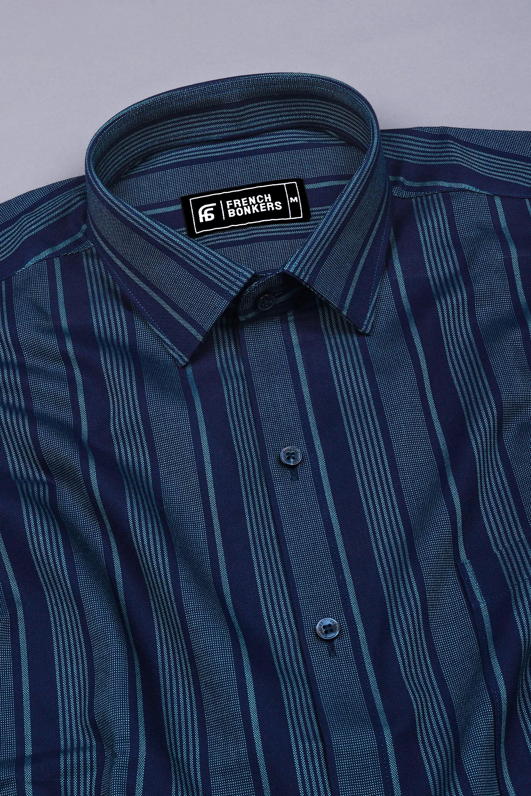 Navy Blue With Rama Green Stripe Cotton Shirt