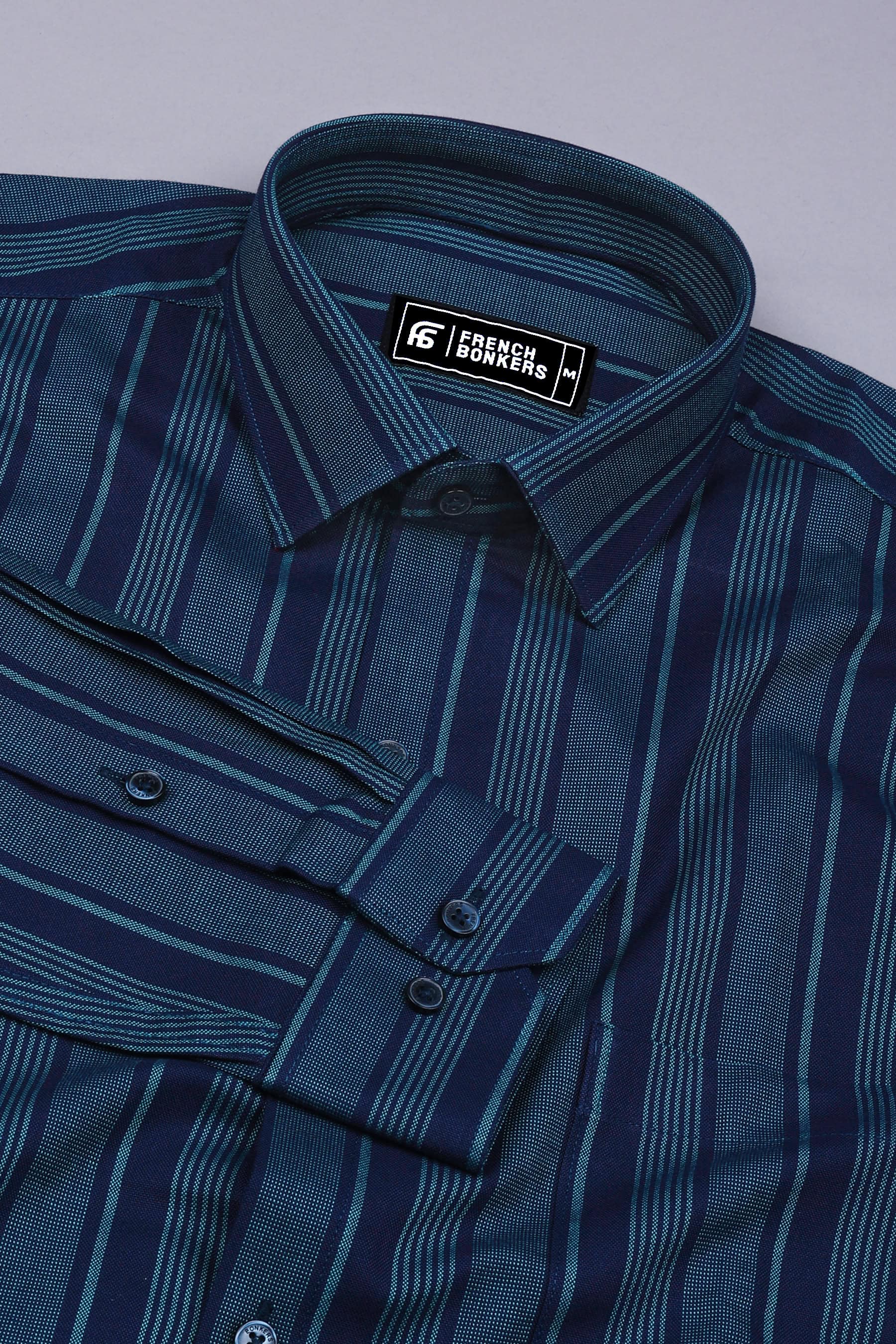 Navy Blue With Rama Green Stripe Cotton Shirt