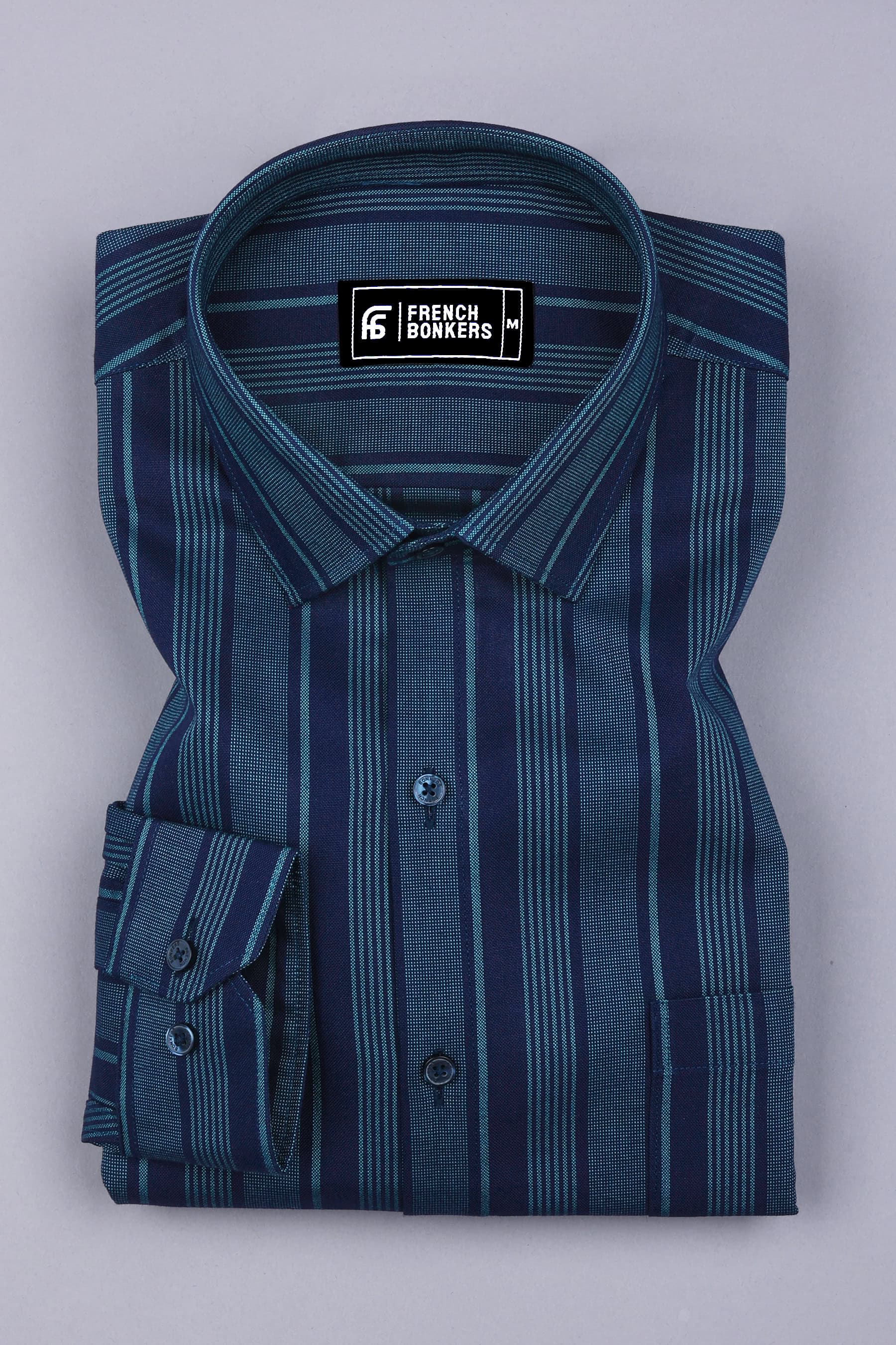 Navy Blue With Rama Green Stripe Cotton Shirt