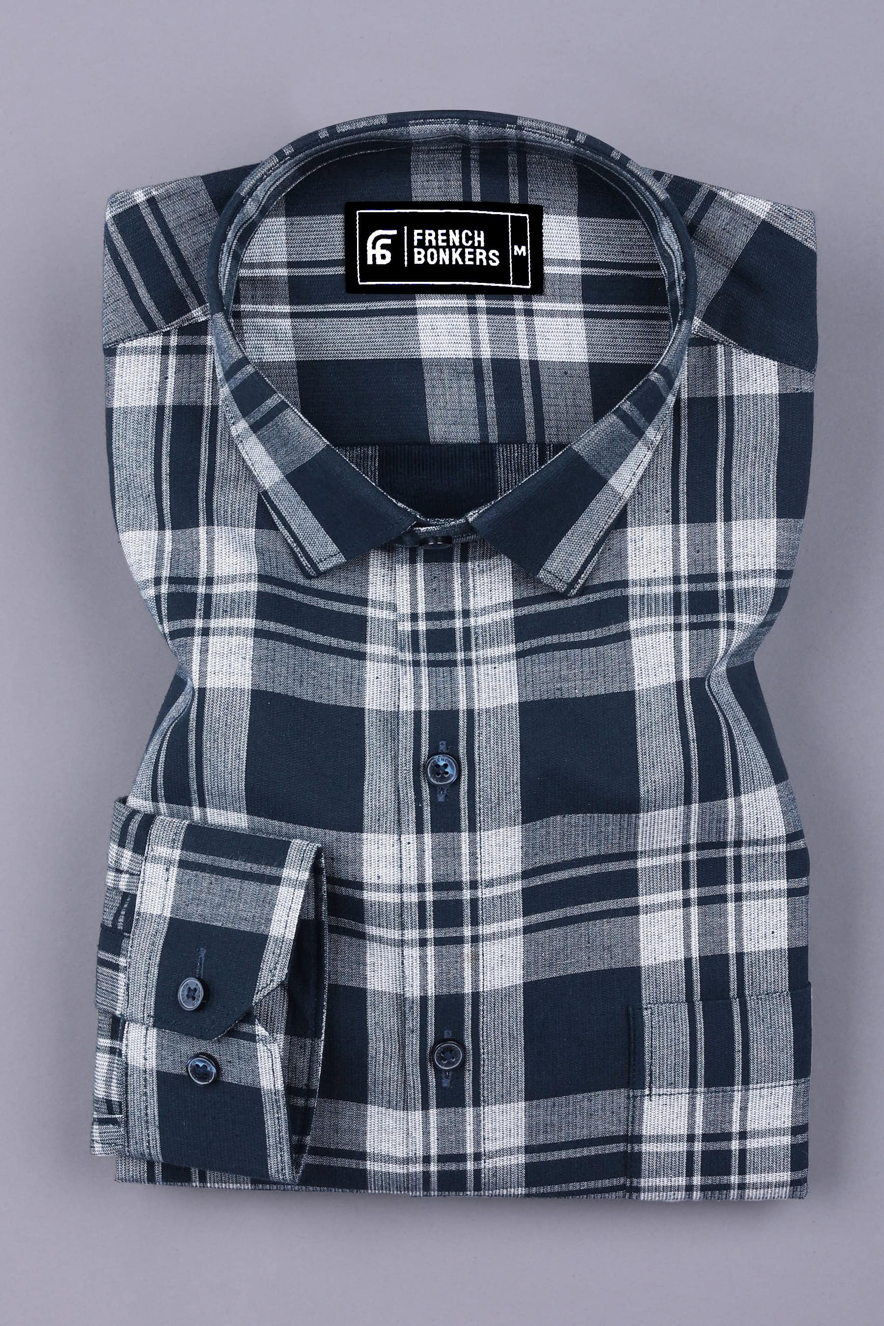 Navy Blue With White Windowpane Check Shirt