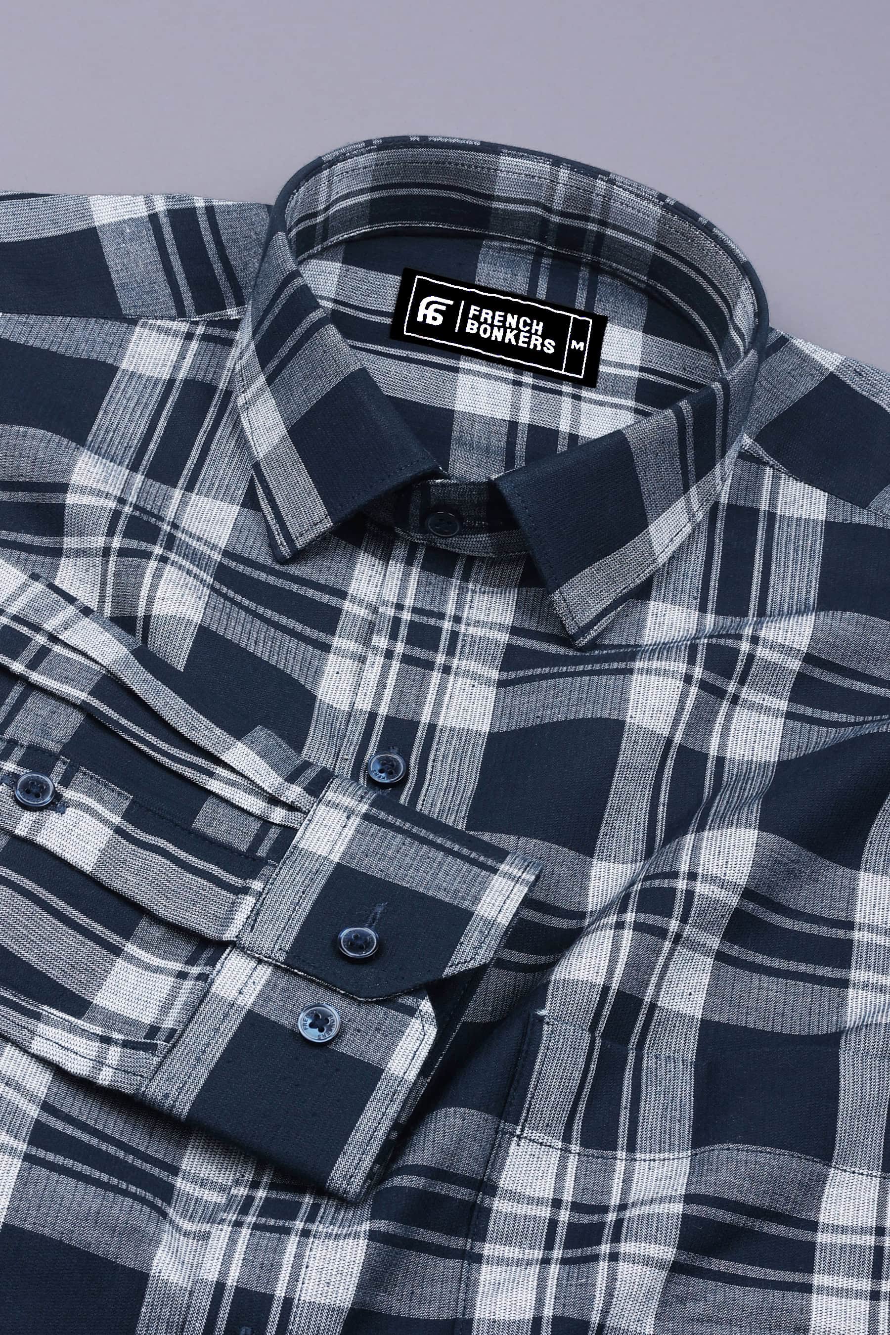 Navy Blue With White Windowpane Check Shirt