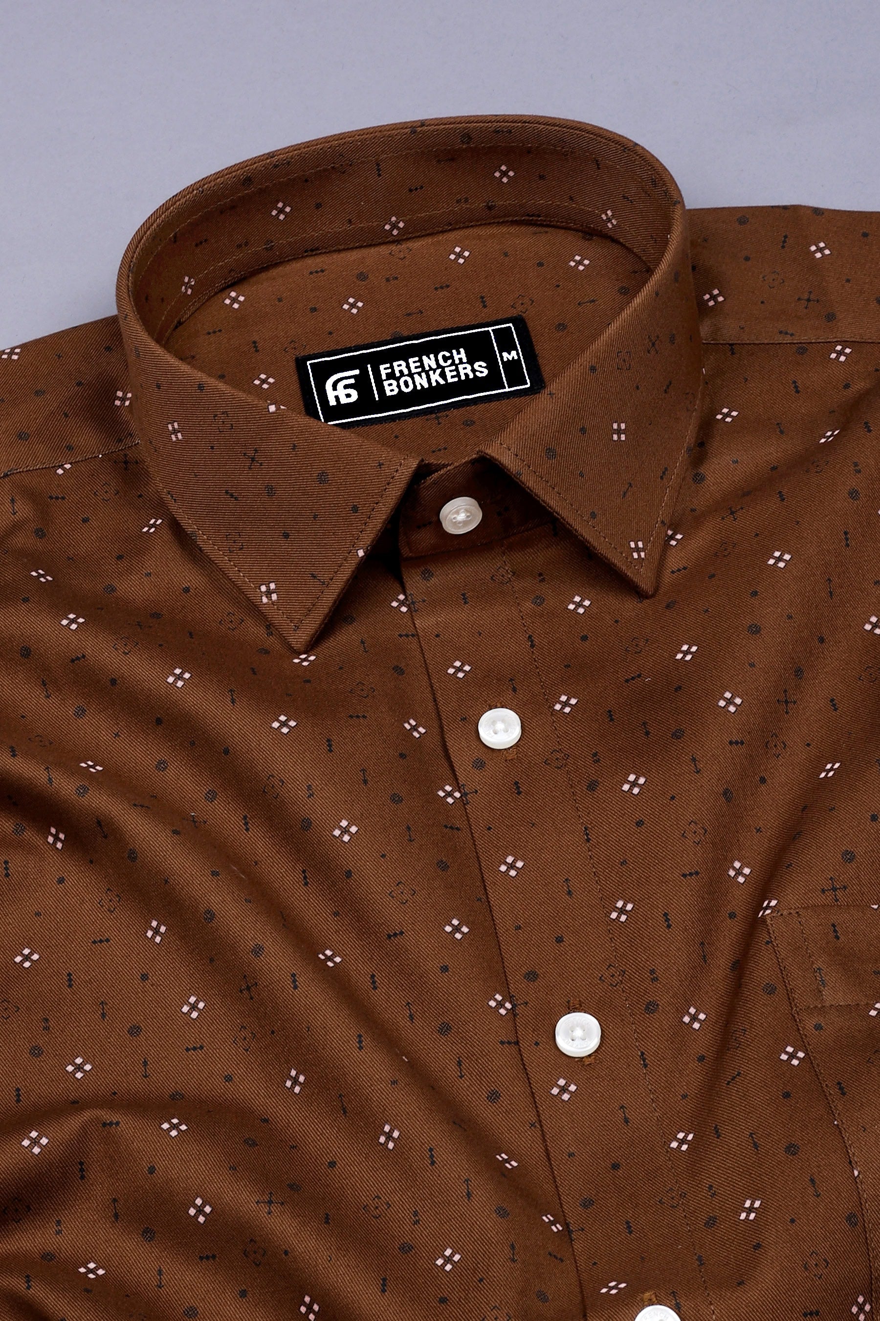 Pecan Brown Twill Printed Cotton Shirt