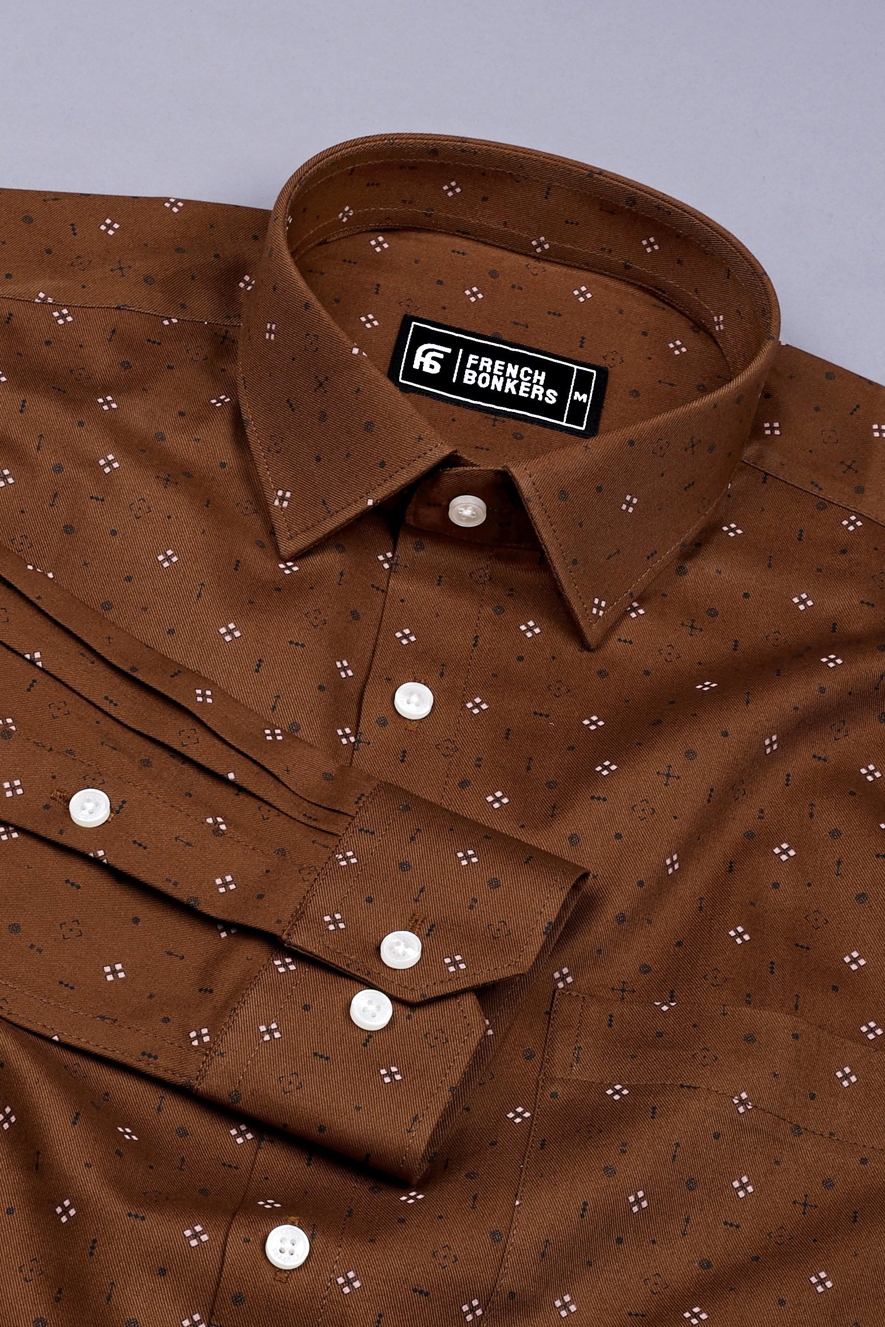 Pecan Brown Twill Printed Cotton Shirt