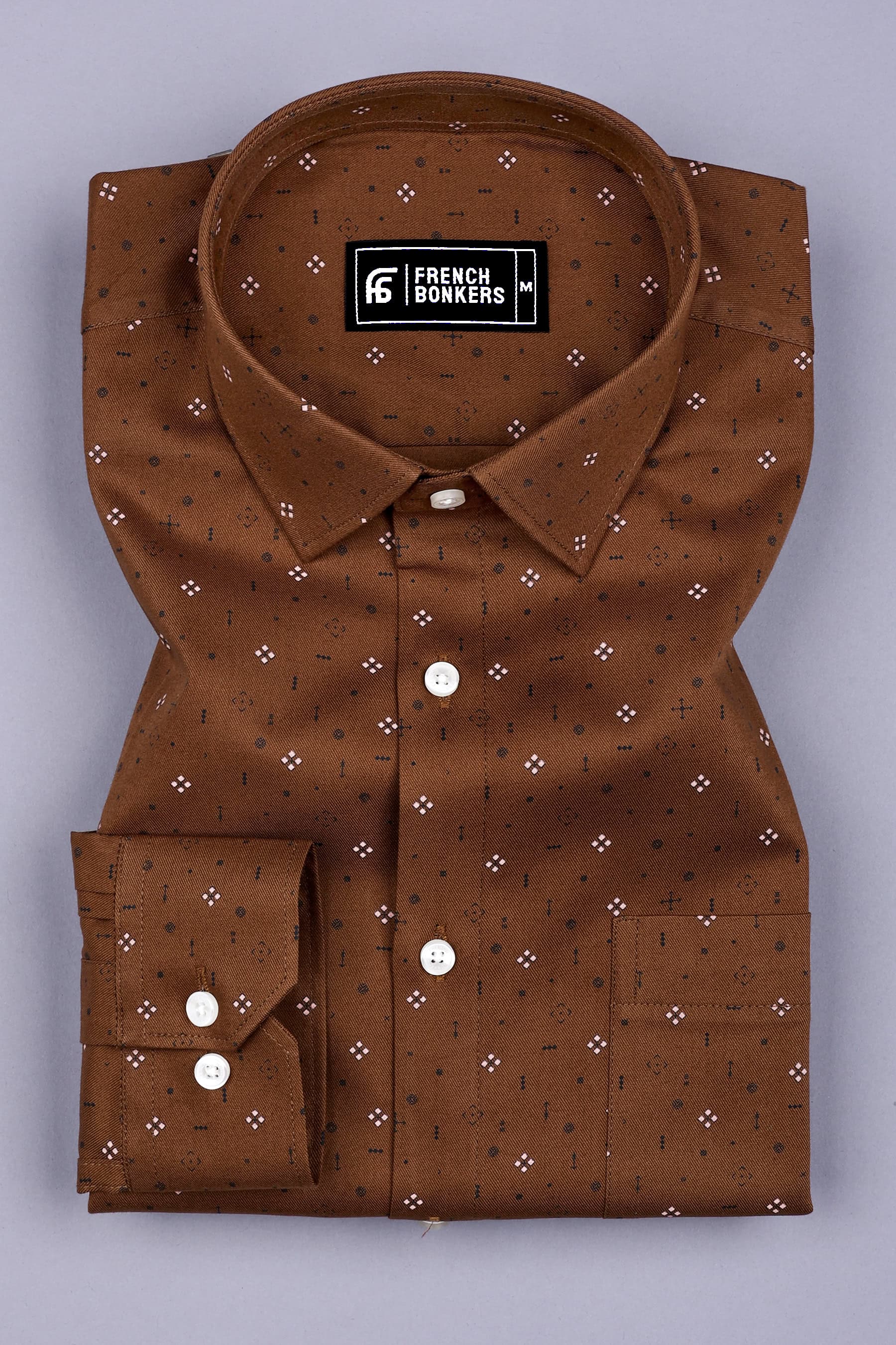 Pecan Brown Twill Printed Cotton Shirt