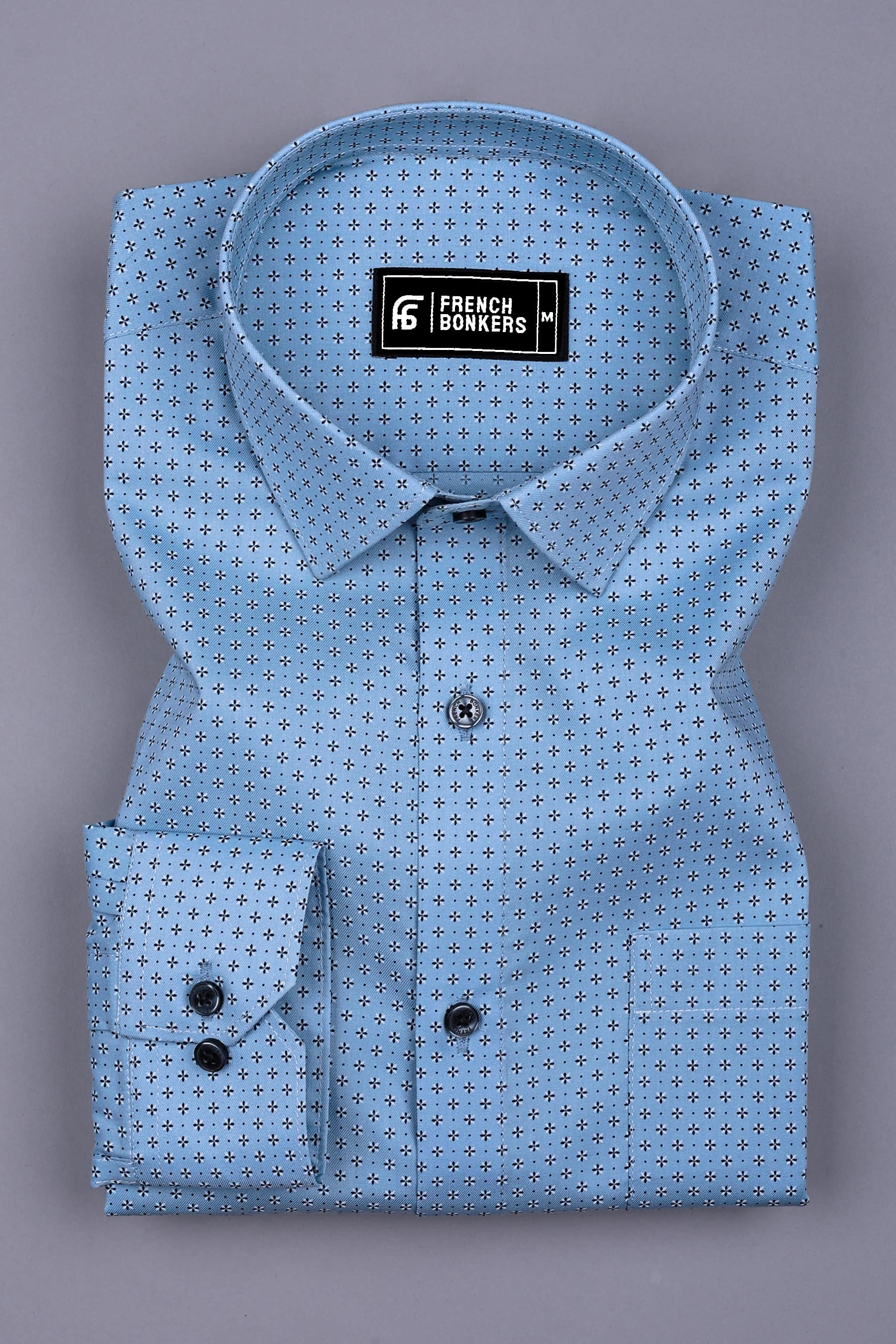 Sky Blue With Black Printed Cotton Shirt