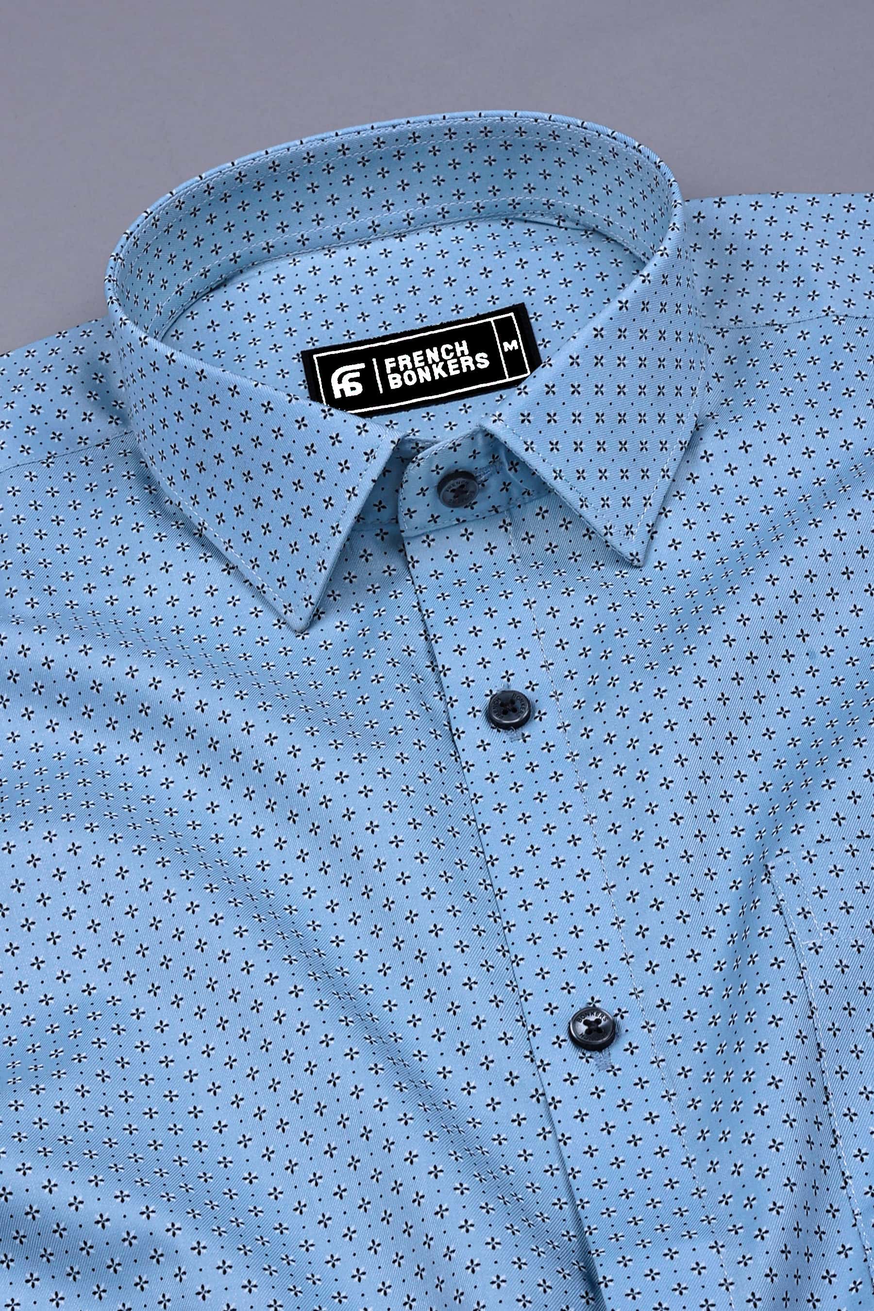 Sky Blue With Black Printed Cotton Shirt