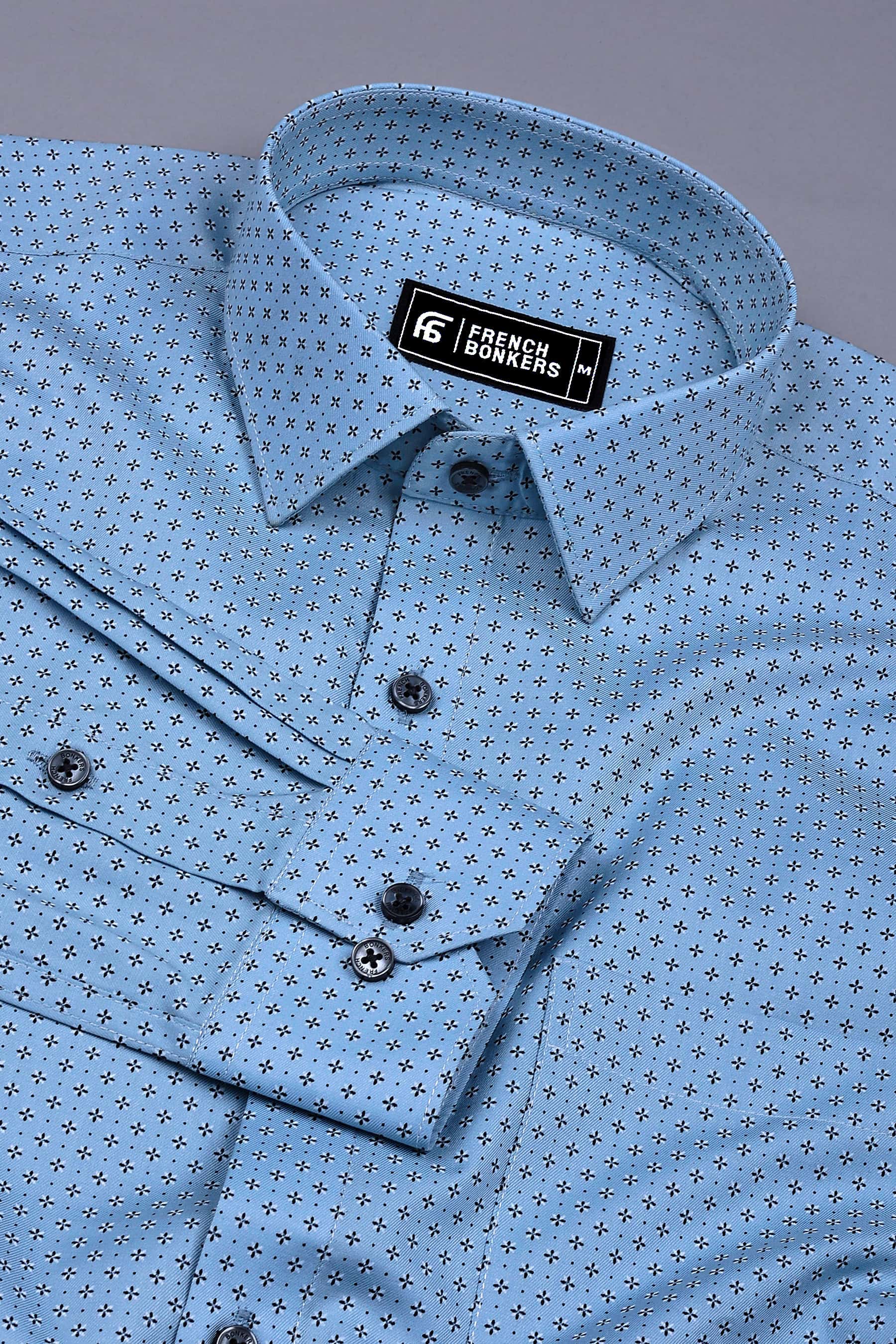 Sky Blue With Black Printed Cotton Shirt
