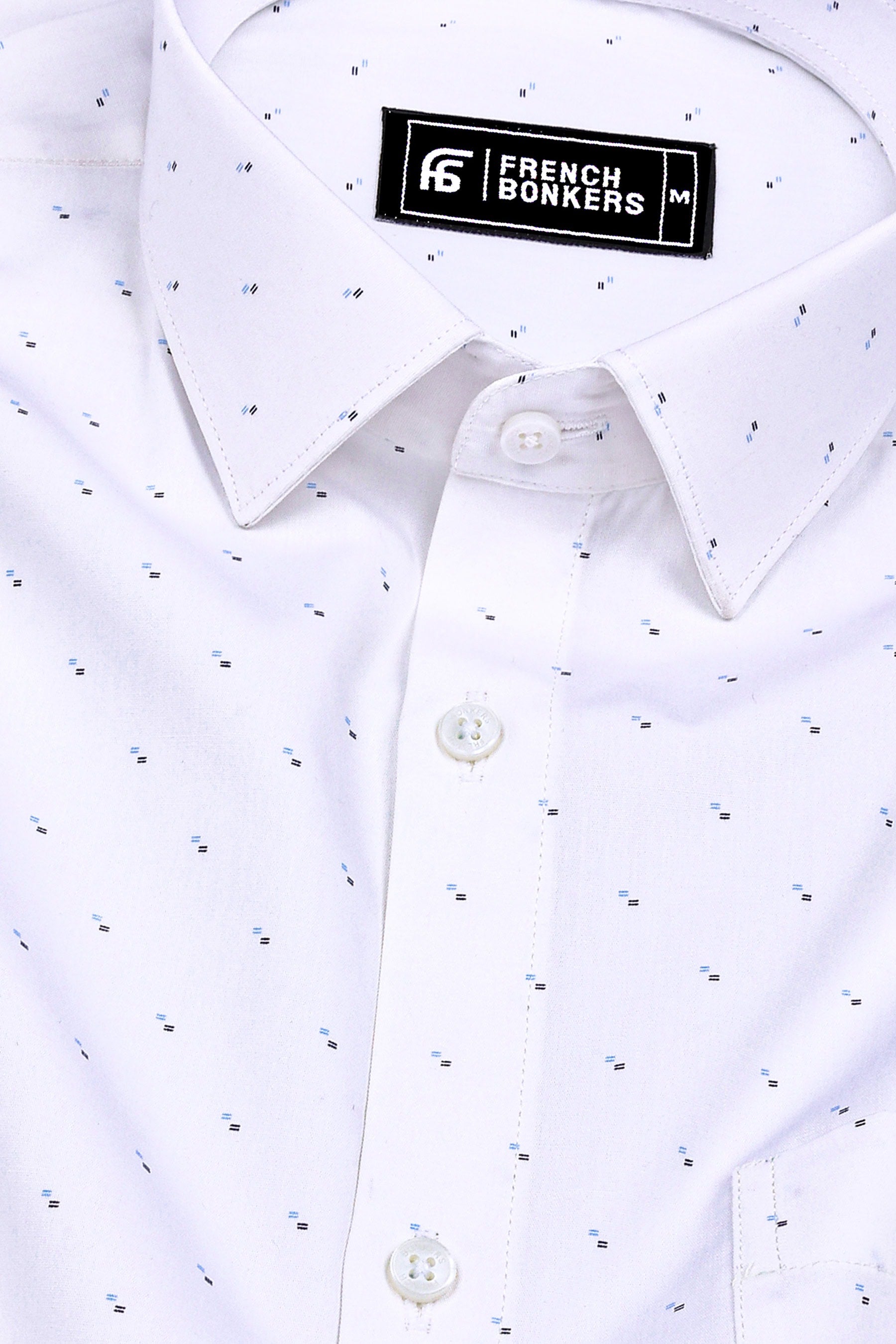 White With Sky Blue And Black Printed Cotton Shirt