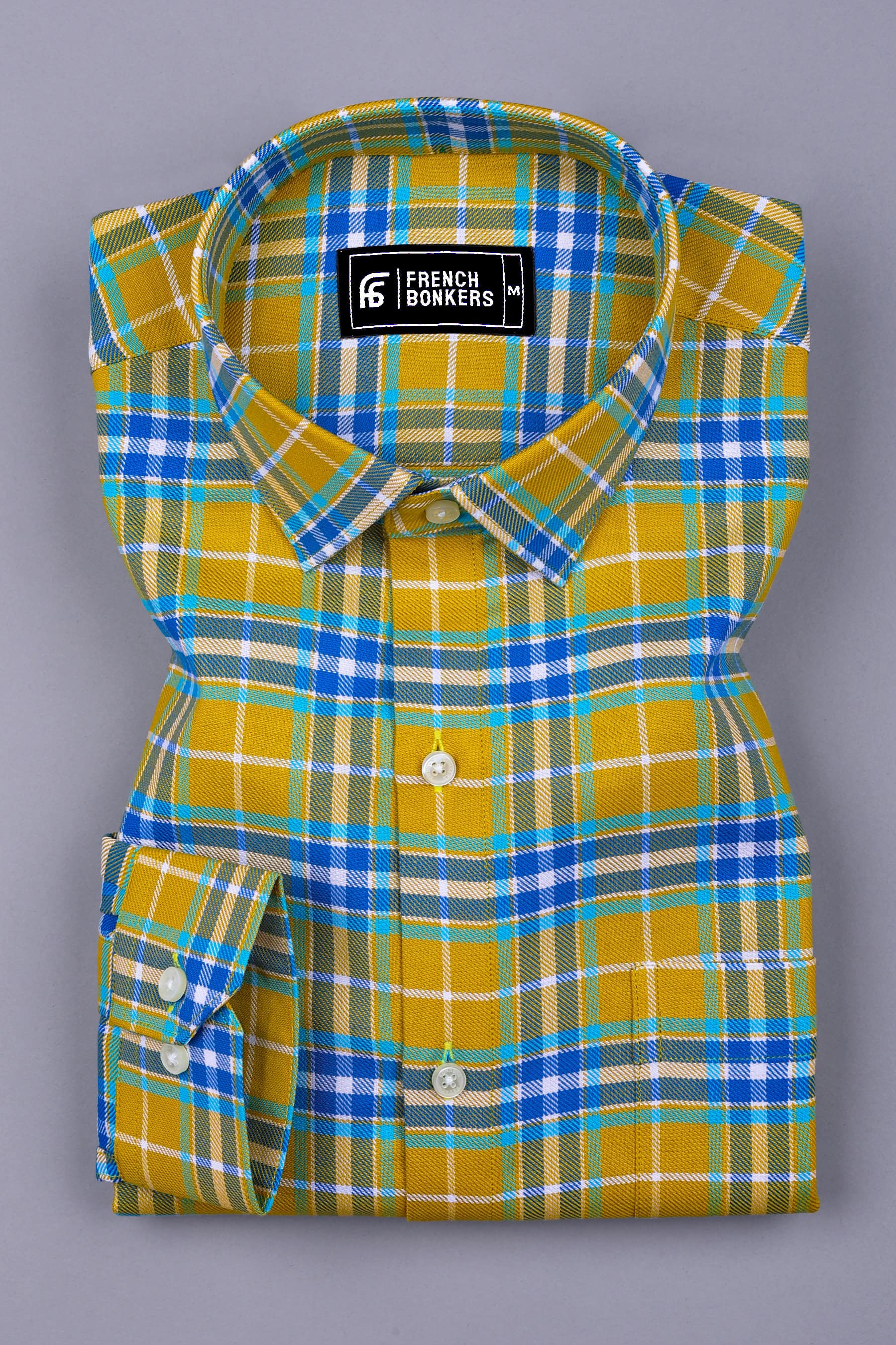 Yellow With Blue Multi Color Twill Check Shirt