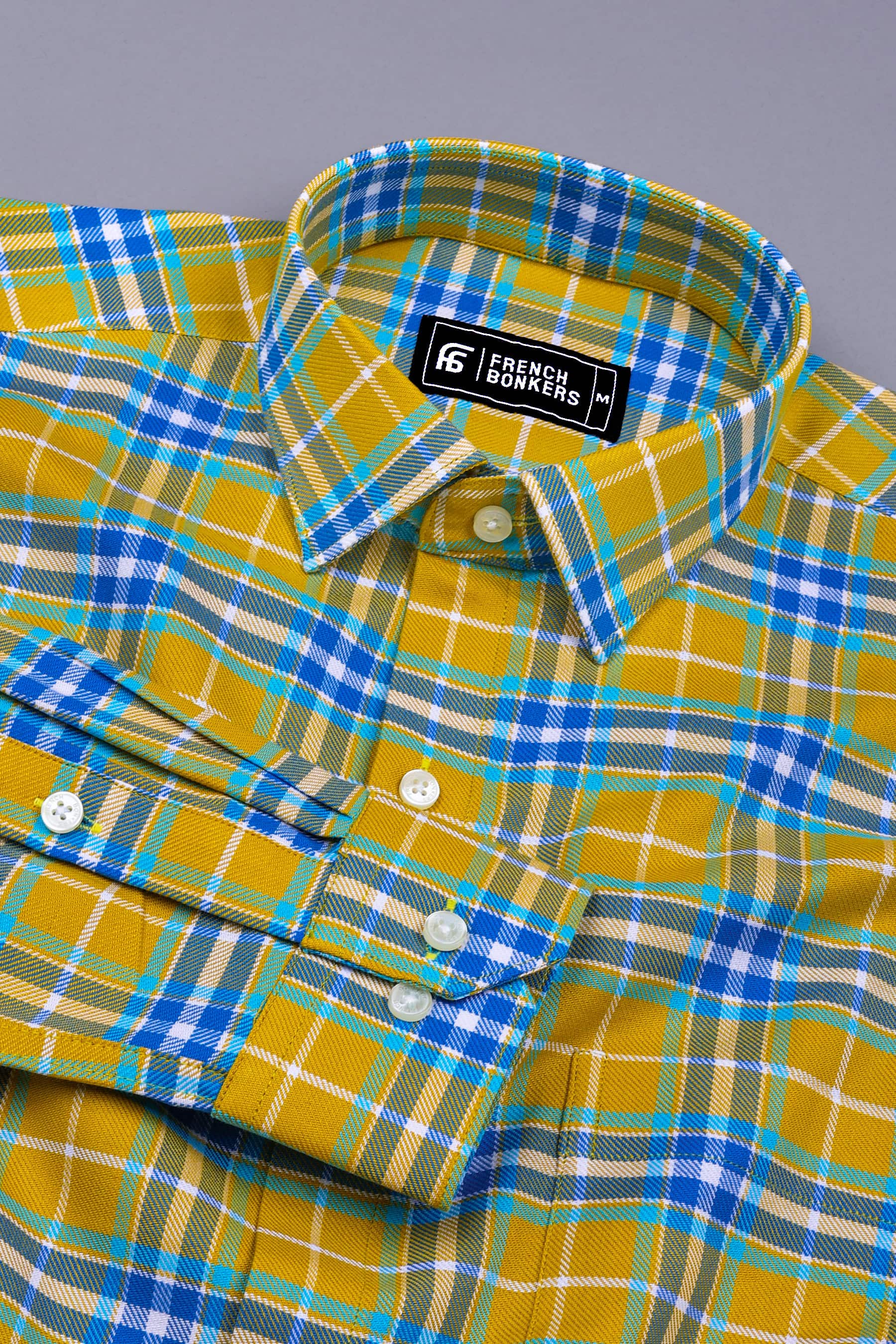 Yellow With Blue Multi Color Twill Check Shirt