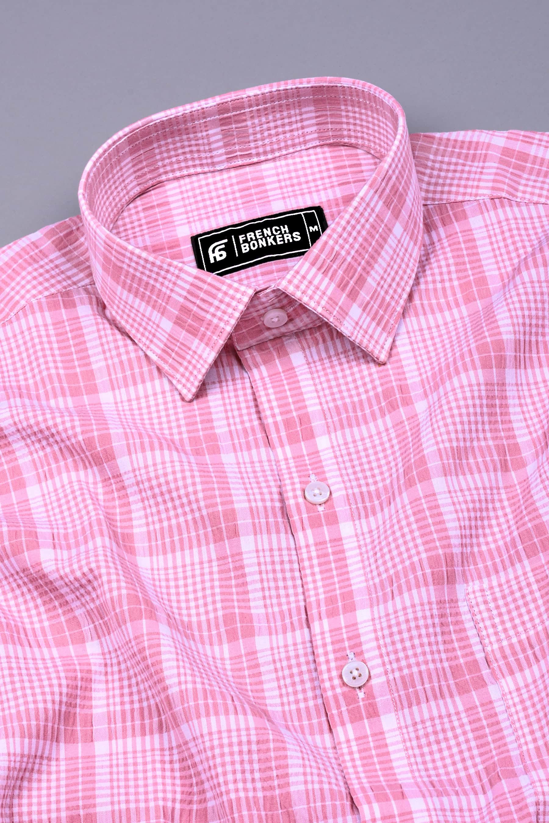 Candy Pink With White Seersucker Check Shirt