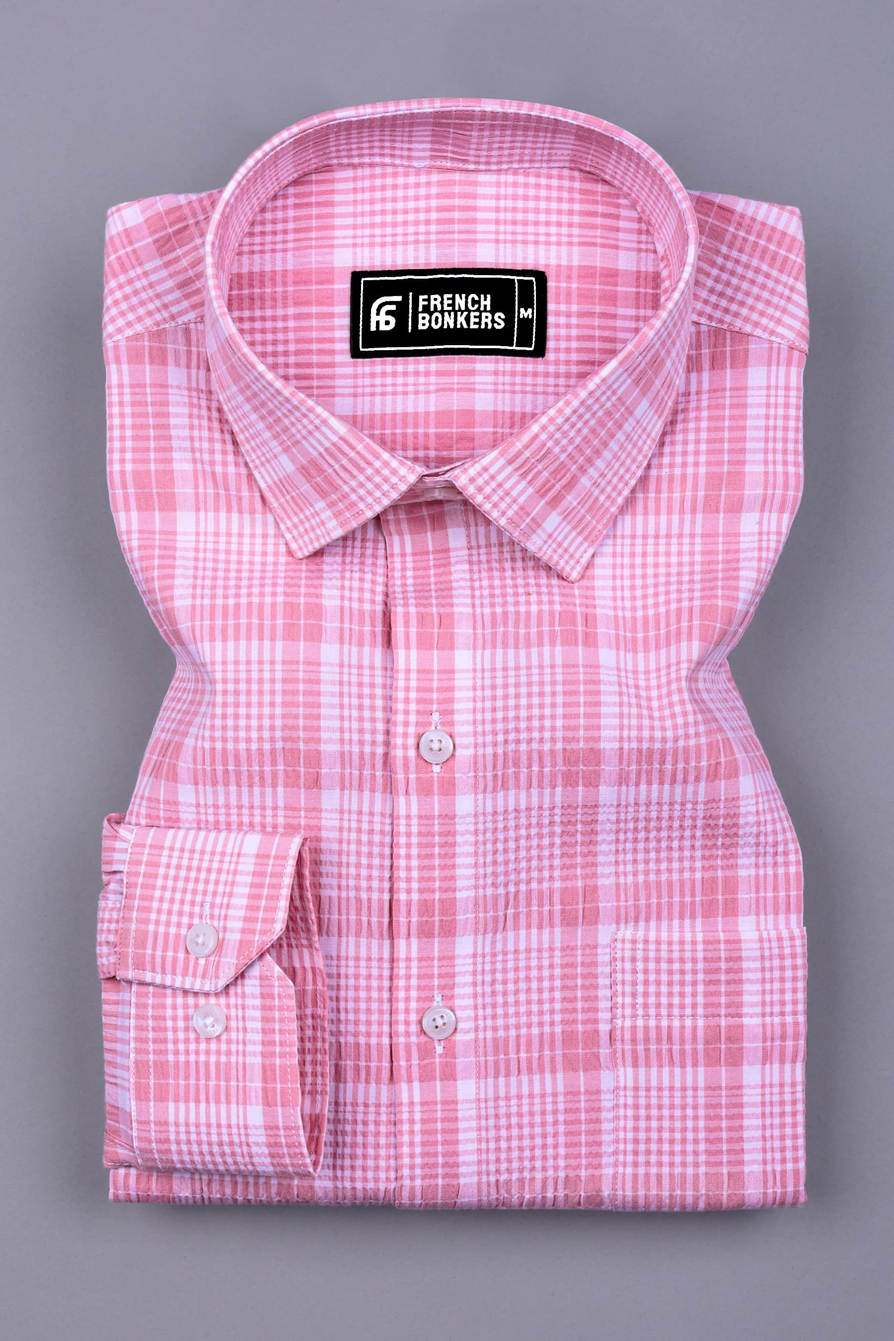 Candy Pink With White Seersucker Check Shirt