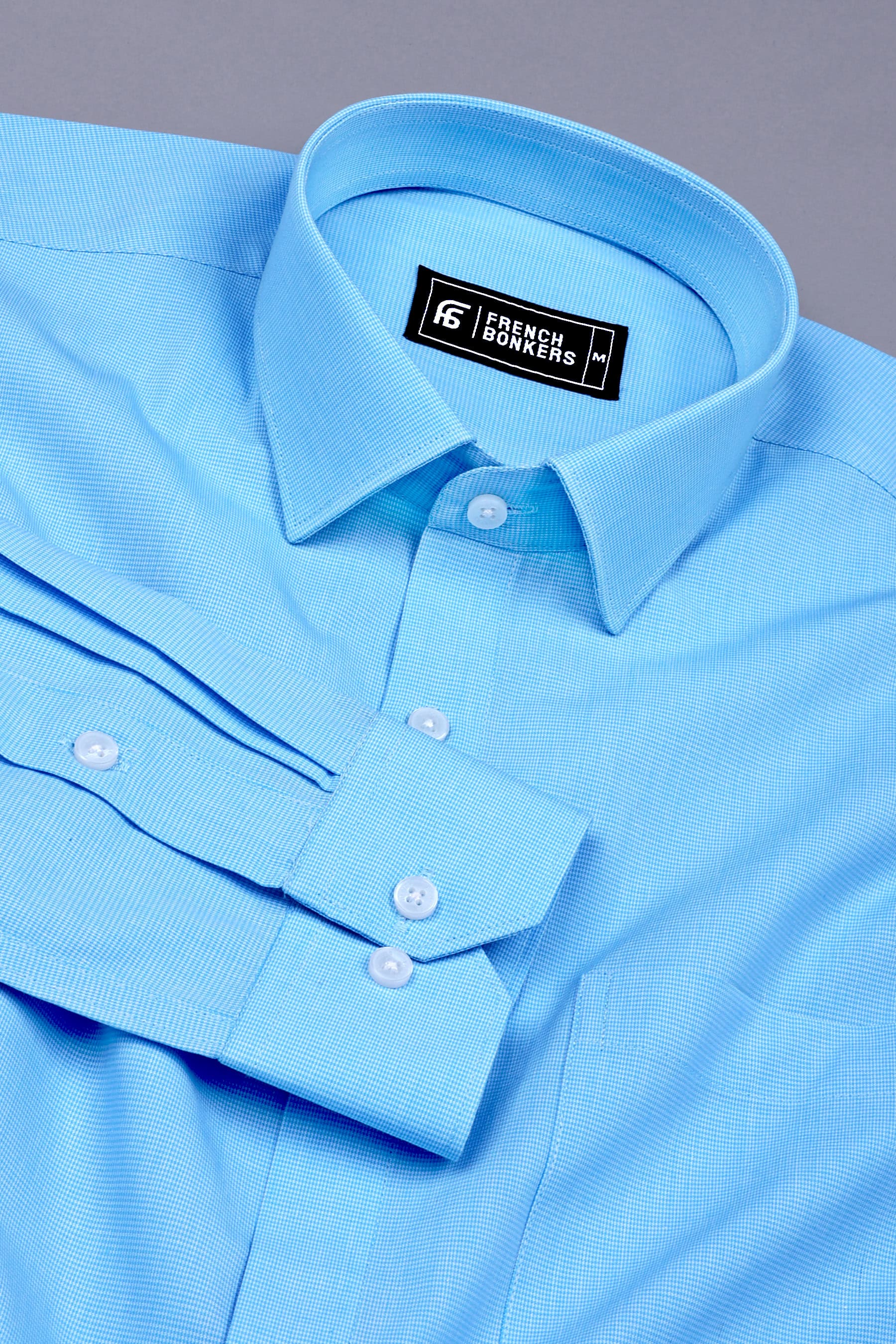 Water Blue With White Houndstooth Cotton Shirt