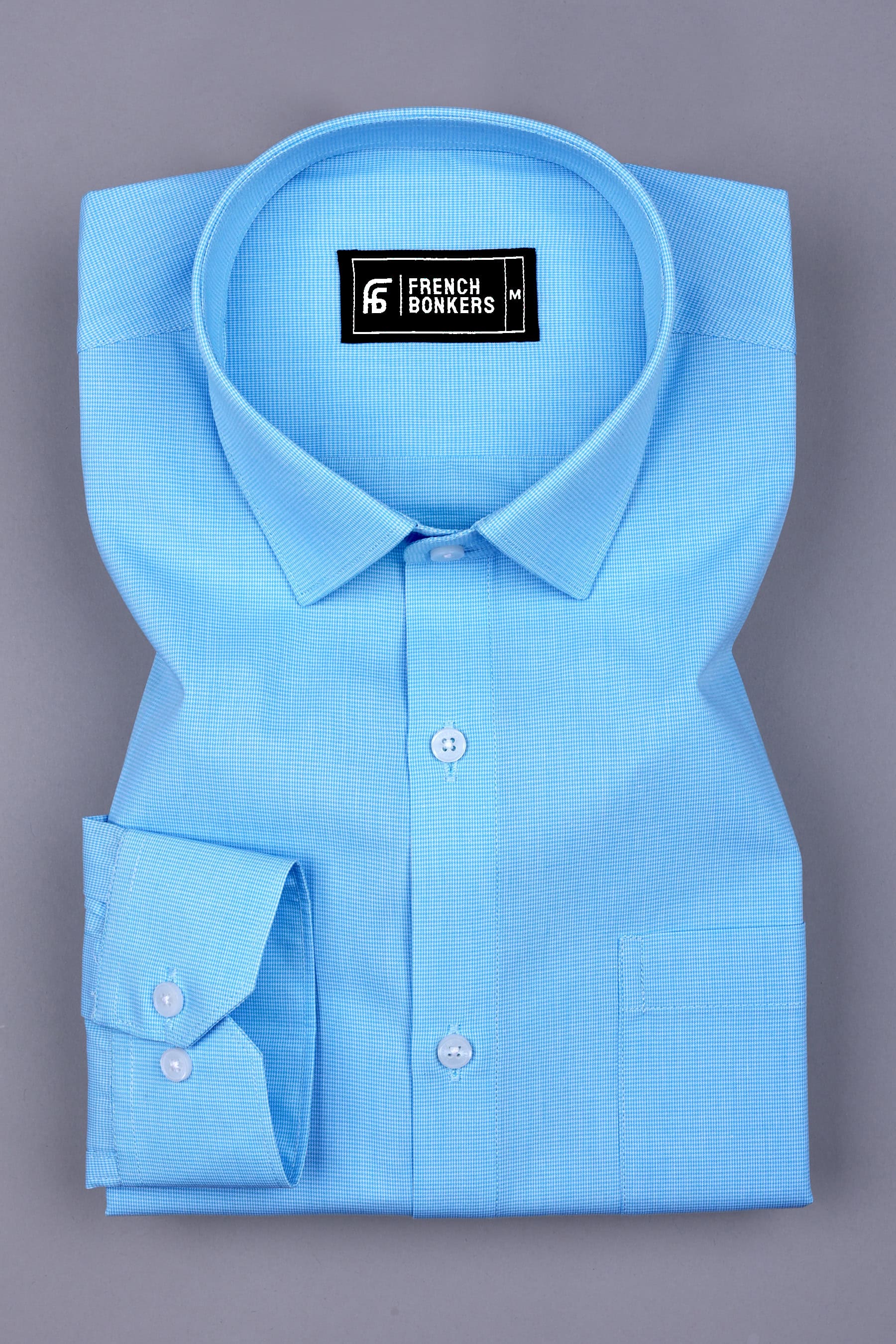 Water Blue With White Houndstooth Cotton Shirt