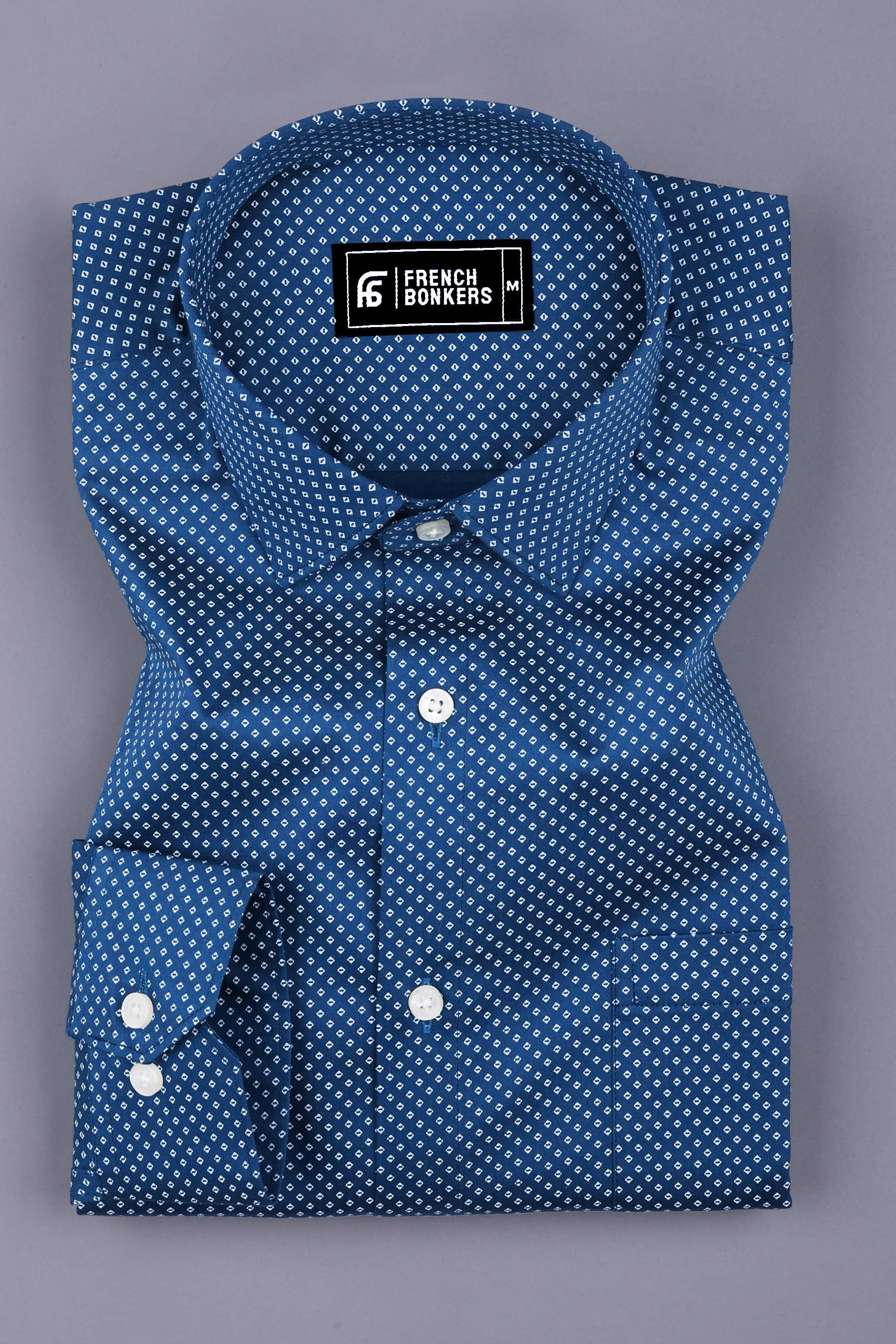 Indigo Blue With White Printed Satin Cotton Shirt