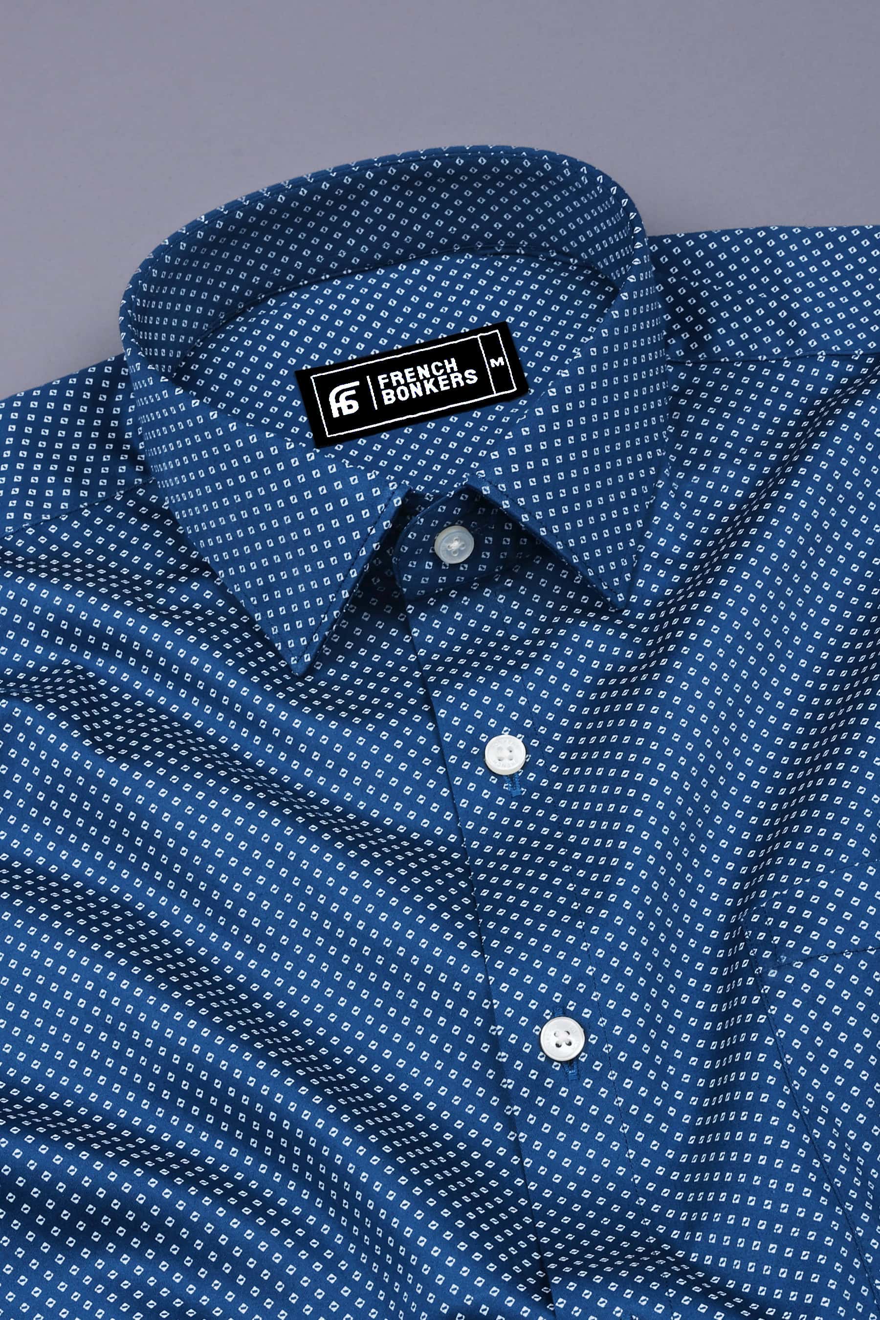 Indigo Blue With White Printed Satin Cotton Shirt