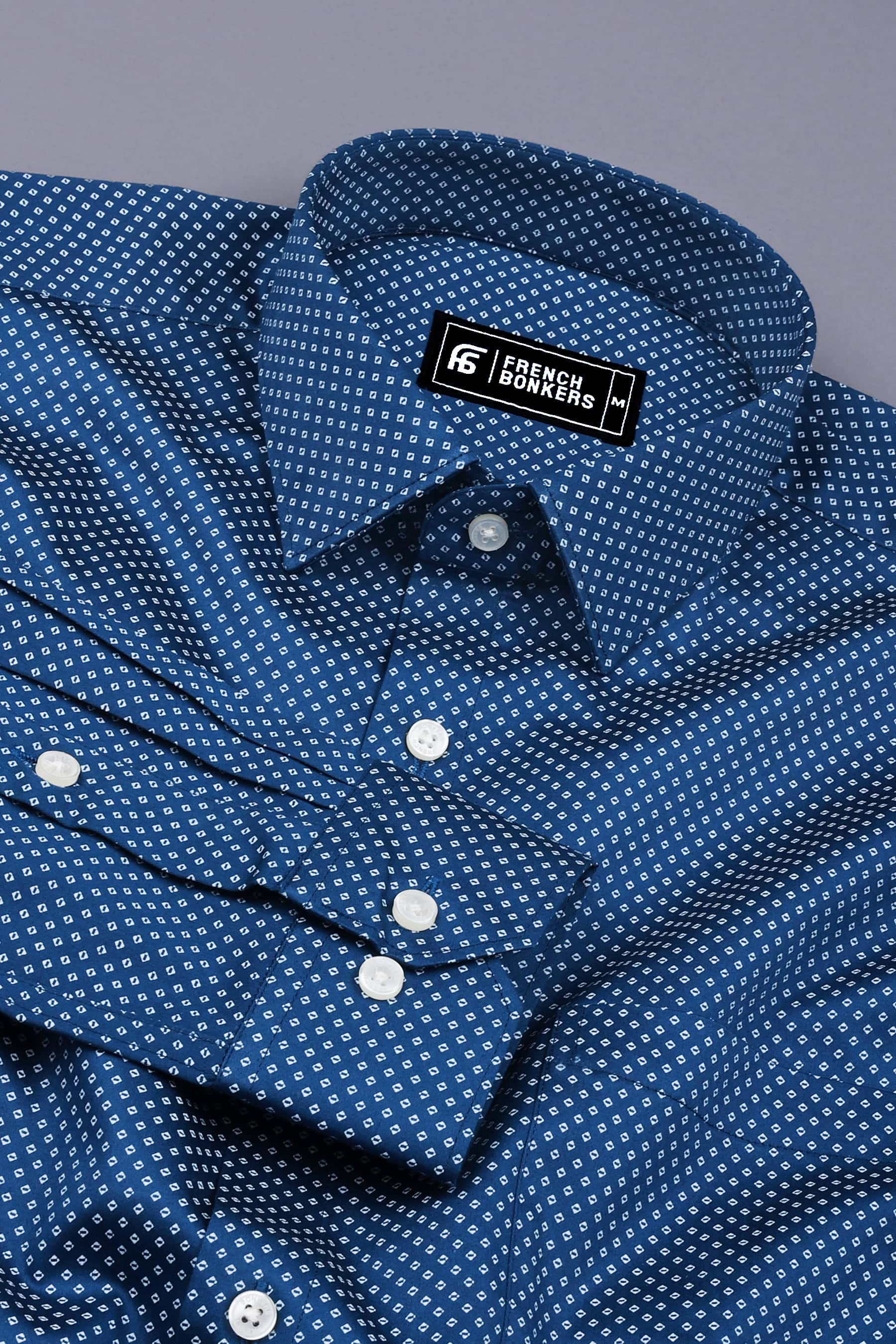 Indigo Blue With White Printed Satin Cotton Shirt